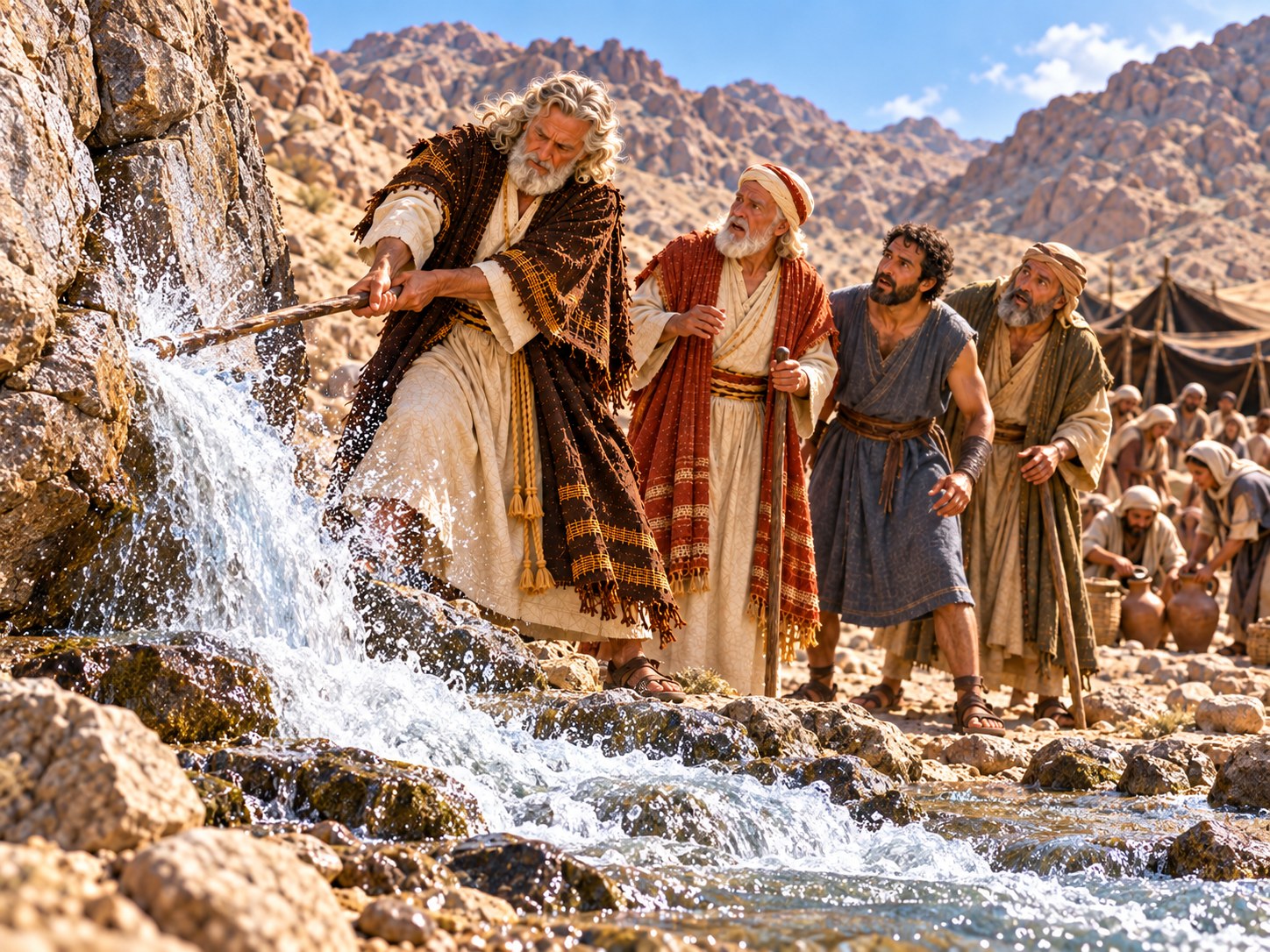Moisés golpeia com o cajado um grande rochedo avermelhado ao pé de uma montanha do deserto, e a água jorra da pedra, enquanto alguns anciãos observam de perto.