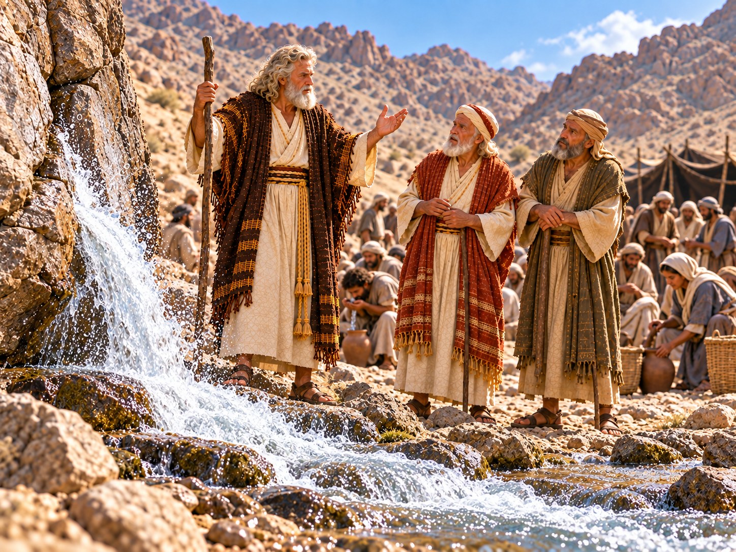 Multidão de israelitas no deserto pedregoso, alguns com odres vazios erguidos, olhando para Moisés junto a uma rocha molhada, com a coluna de nuvem pairando sobre o acampamento ao fundo.