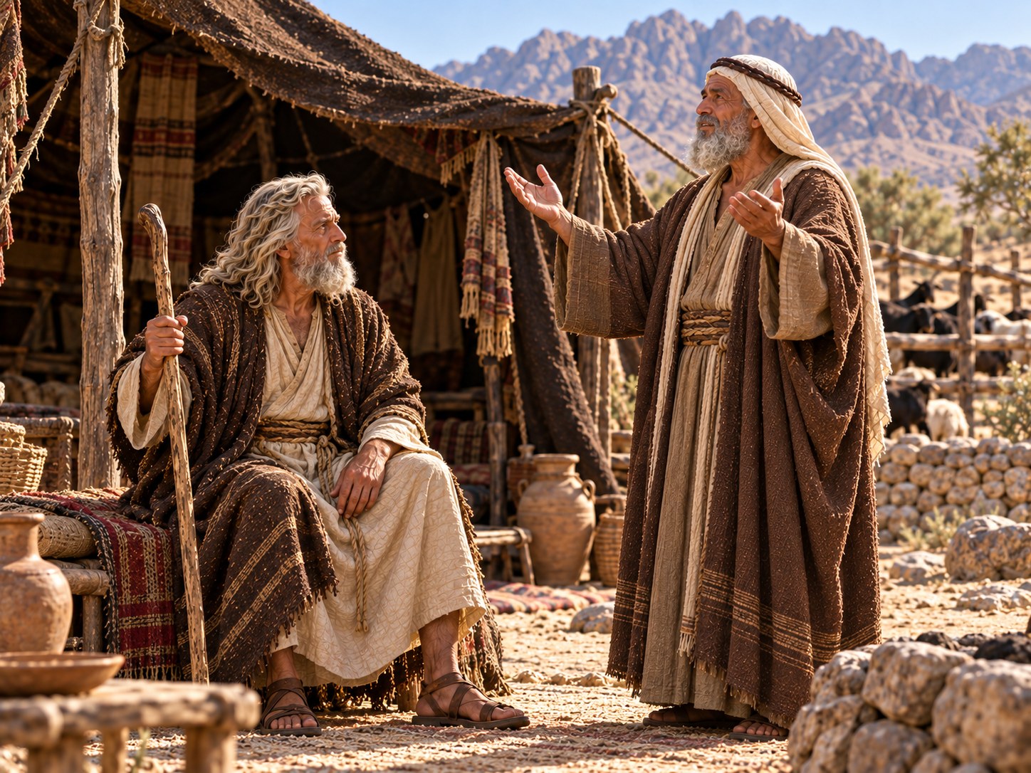 Na entrada de uma tenda no deserto, um sacerdote midianita idoso, de pé, ergue as mãos abertas para o céu enquanto fala; Moisés, sentado no chão de esteiras, e outros homens o escutam em silêncio sob a luz dourada do fim da tarde.