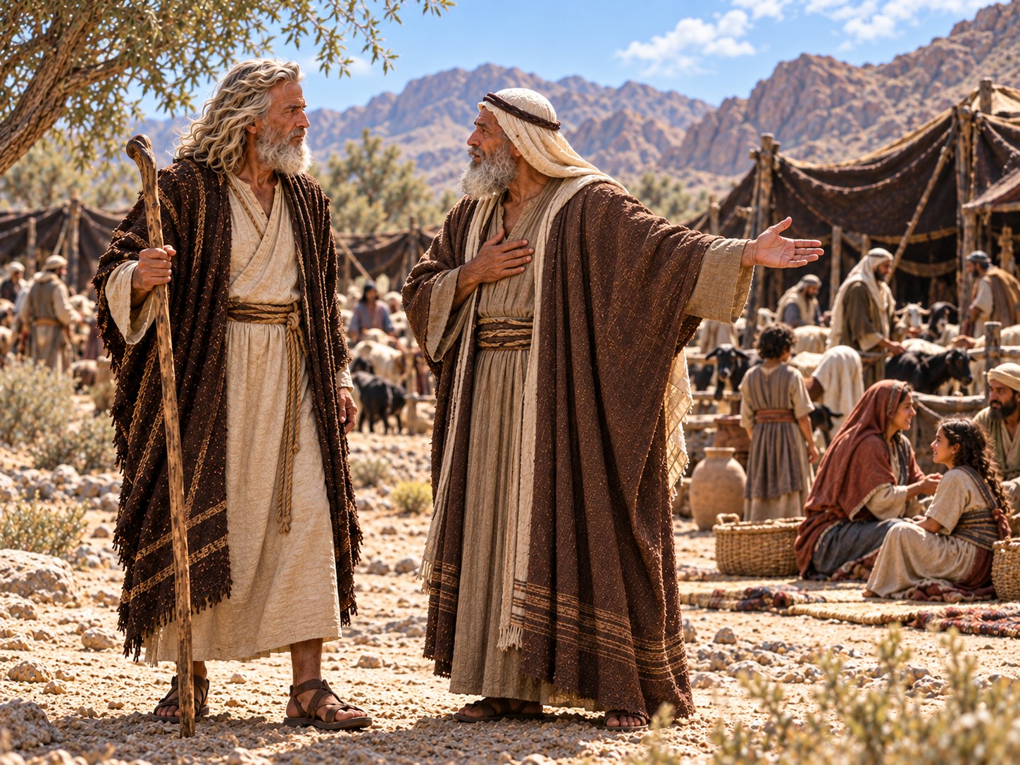 Um sacerdote midianita idoso, de barba branca e manto escuro, está sentado numa tenda do deserto com o olhar perdido, enquanto ao seu lado, sobre uma esteira, repousam pequenas estatuetas de deuses de barro e de bronze que ele parece ter deixado de lado.