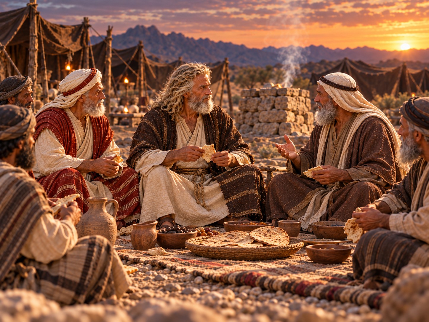 Ao pé de um monte rochoso do deserto, junto a um altar de pedras brutas de onde sobe fumaça, um sacerdote midianita idoso preside uma refeição; Arão e os anciãos de Israel, sentados no chão em semicírculo, partem pão, enquanto Moisés, de pé atrás deles, segura uma bandeja.