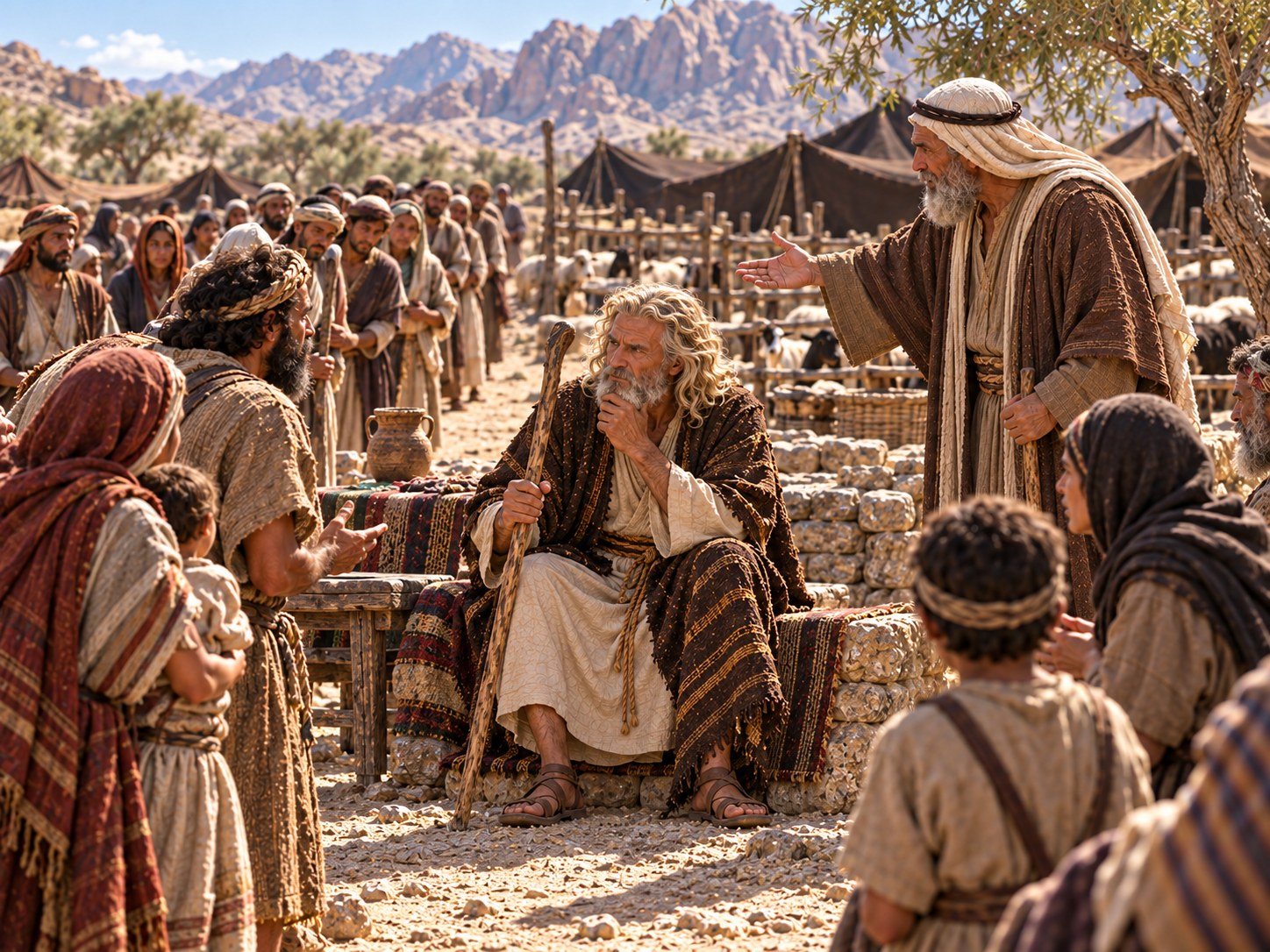 À entrada de uma tenda no deserto, um homem idoso de turbante, de pé e com a mão no queixo, observa de lado um homem de barba grisalha sentado sozinho num banco de pedra, diante de uma longa fila de pessoas em pé que se estende pelo acampamento sob a luz da tarde.