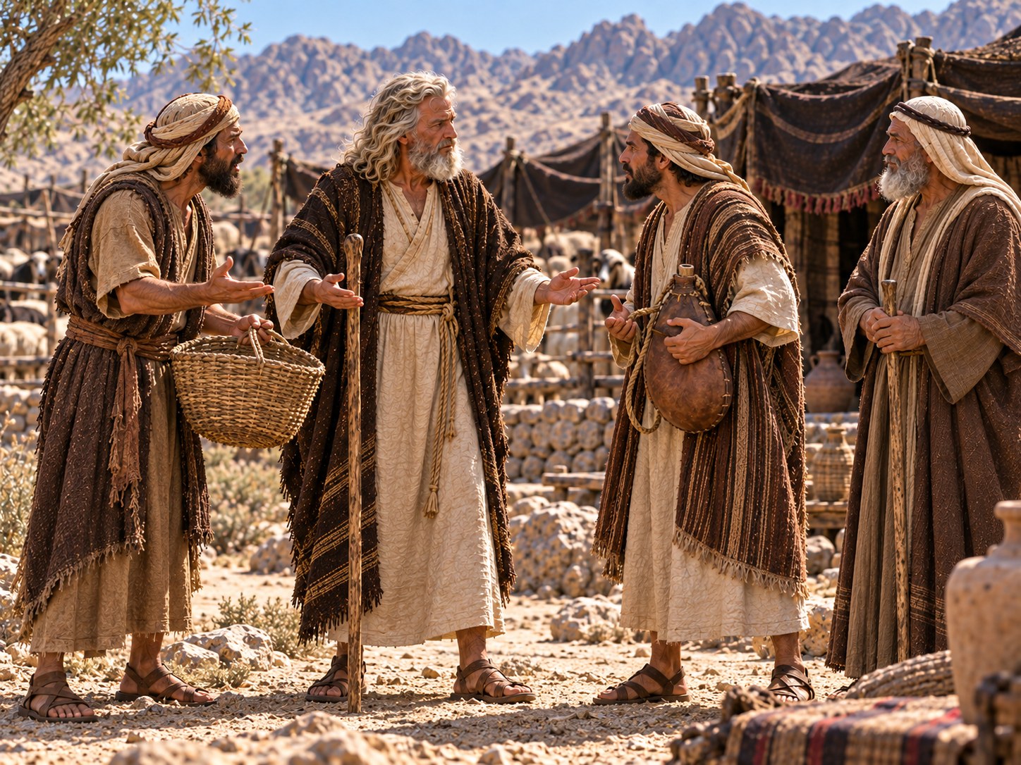 Diante de uma tenda no deserto, um homem de barba grisalha, sentado, fala erguendo a mão a dois homens de pé à sua frente, um de cada lado, que o escutam; atrás deles, outras pessoas observam e ouvem a explicação.