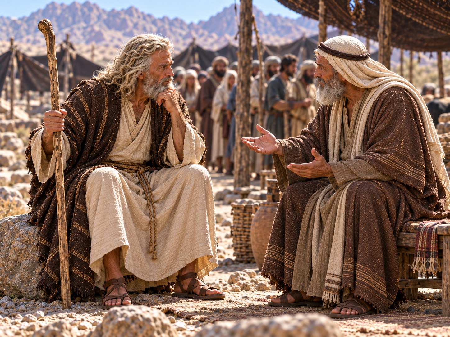 No fim da tarde, diante de uma tenda num acampamento do deserto, um homem idoso de barba grisalha e manto de sacerdote fala de perto a Moisés, que está sentado num banco de pedra com expressão cansada; ao fundo, as últimas pessoas de uma longa fila se dispersam entre as tendas.