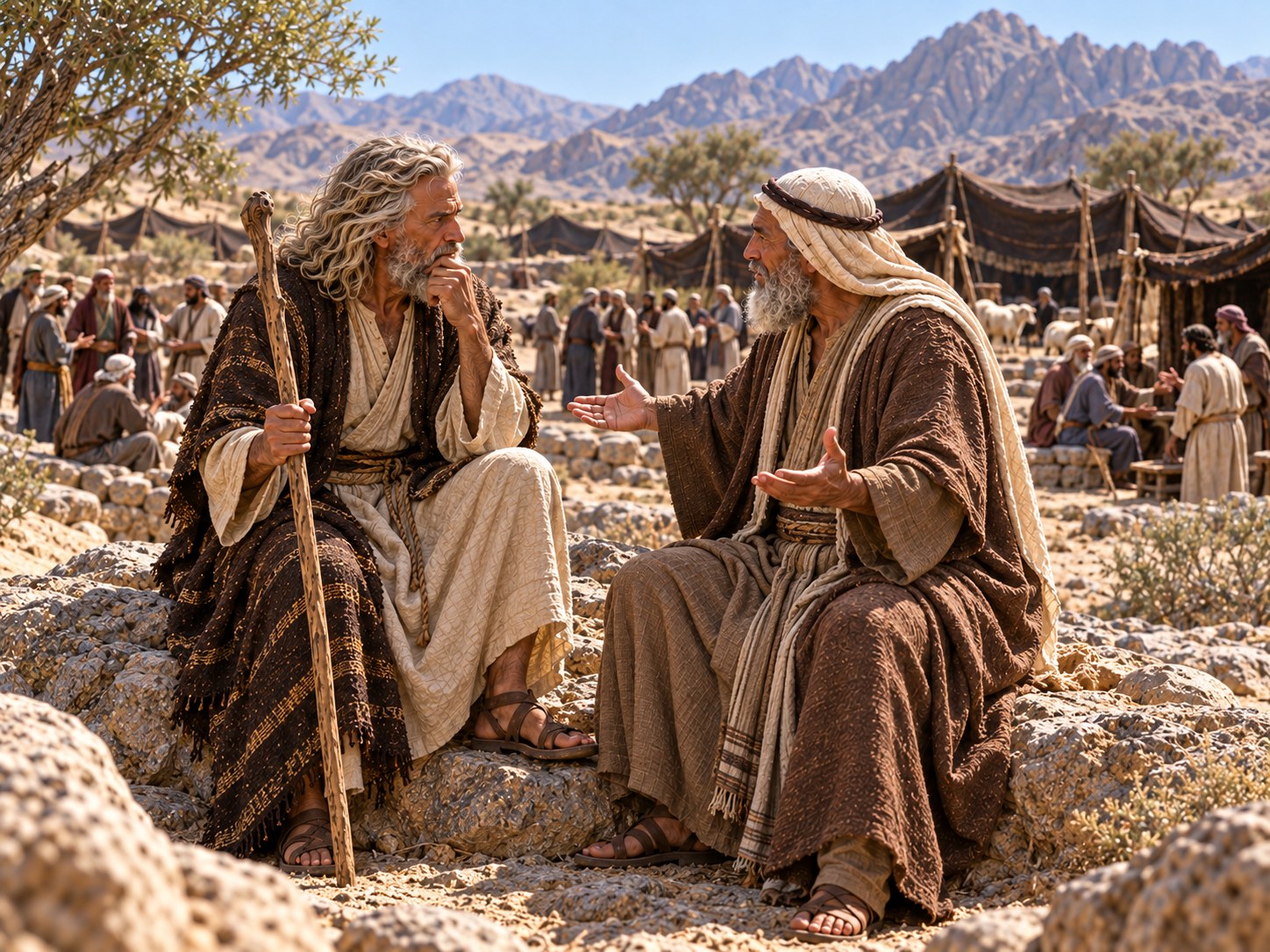 Num acampamento no deserto, vários homens sentados à porta de tendas diferentes ouvem pequenos grupos de pessoas, enquanto ao fundo, diante de uma tenda maior, Moisés escuta um único caso.