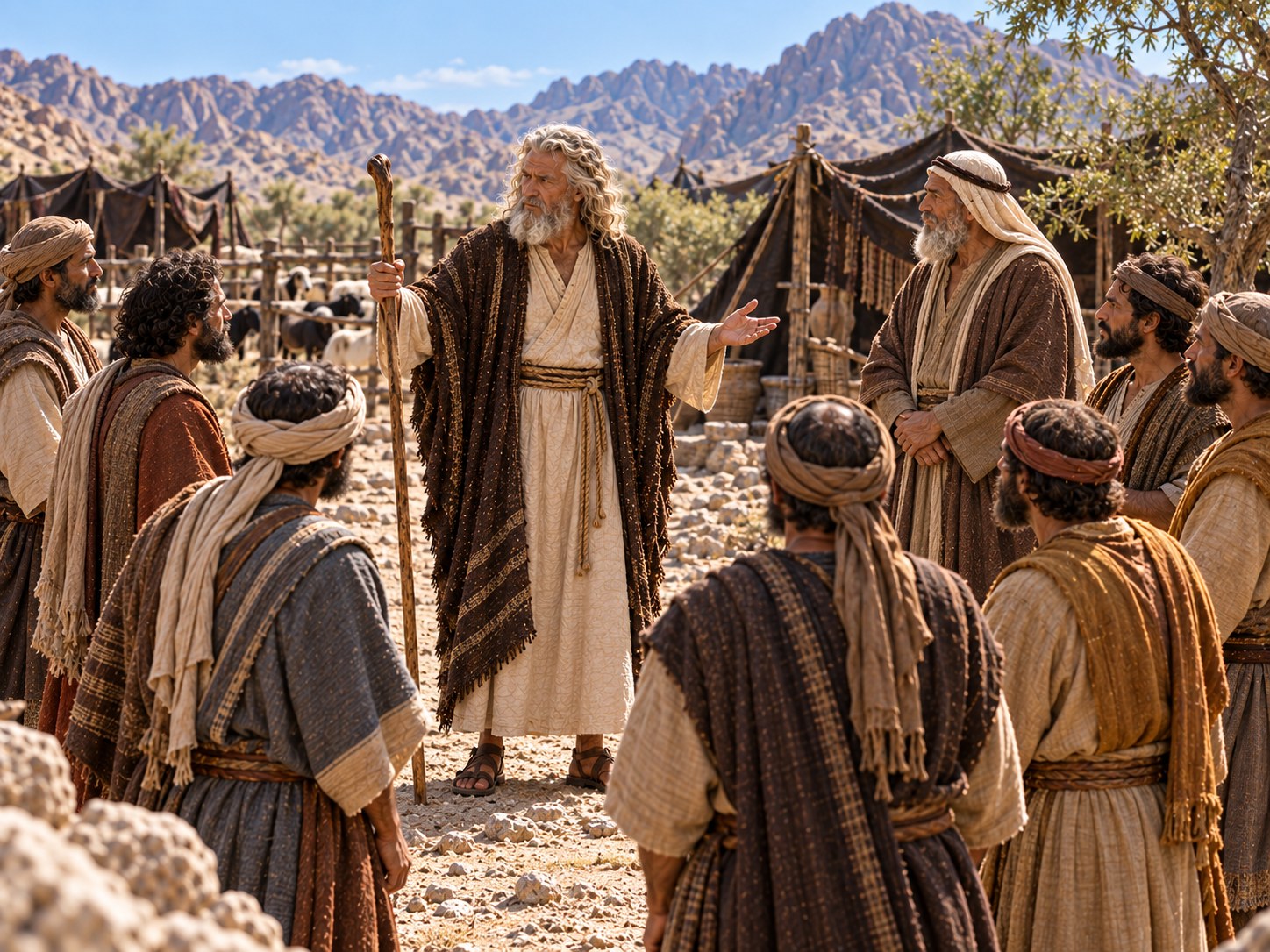 Acampamento no deserto pela manhã; Moisés, de pé diante de uma fileira de homens de idades variadas, pousa a mão no ombro de um deles enquanto os outros aguardam; ao redor, grupos de famílias observam, e ao fundo se veem tendas e o perfil de uma montanha.