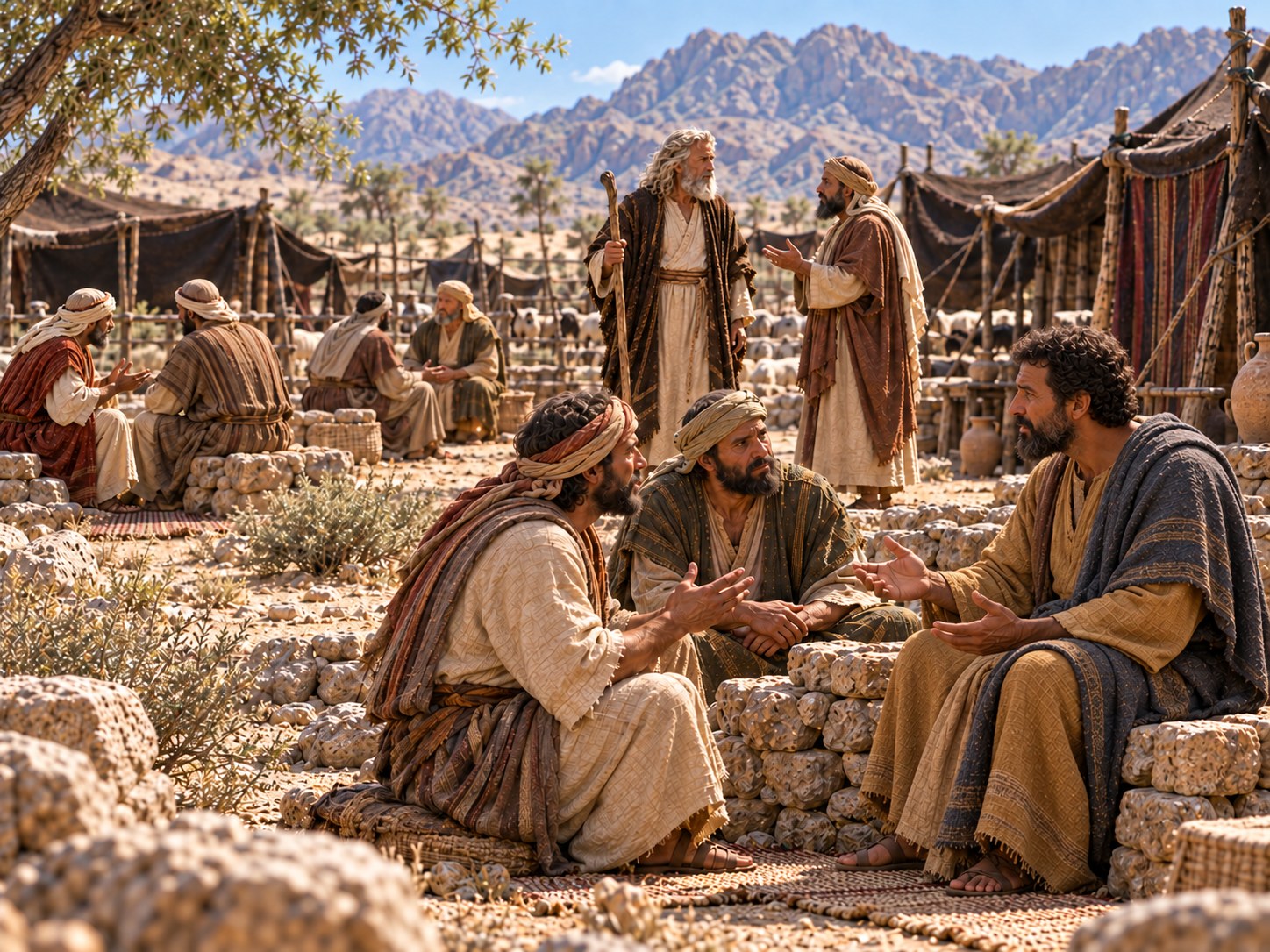 Rua de um acampamento de tendas no deserto ao meio-dia; sob um toldo, um homem de meia-idade sentado ouve duas pessoas que discutem diante dele, enquanto, ao fundo, outro homem conduz um ancião e um rapaz em direção a uma tenda maior, onde se vê a figura de Moisés à entrada.