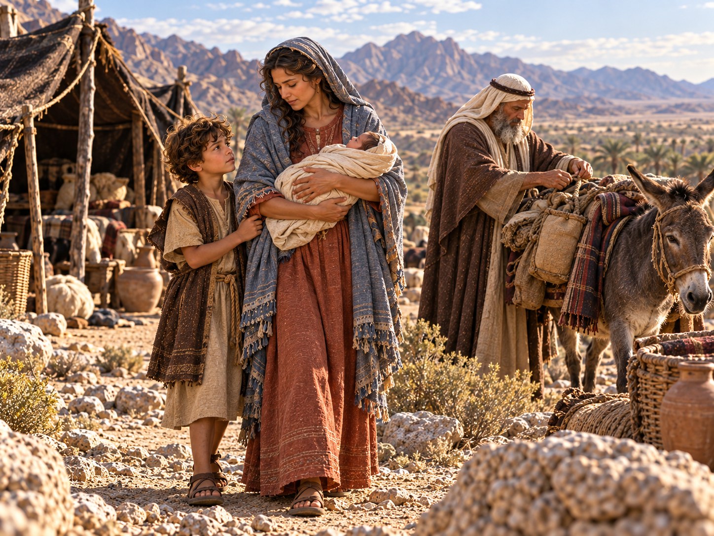 Um rapaz de cabelo escuro, de pé ao lado da mãe e de um avô idoso à entrada de um acampamento no deserto, olha para as tendas de Israel diante de um monte, enquanto um irmão mais novo segura a mão da mãe.
