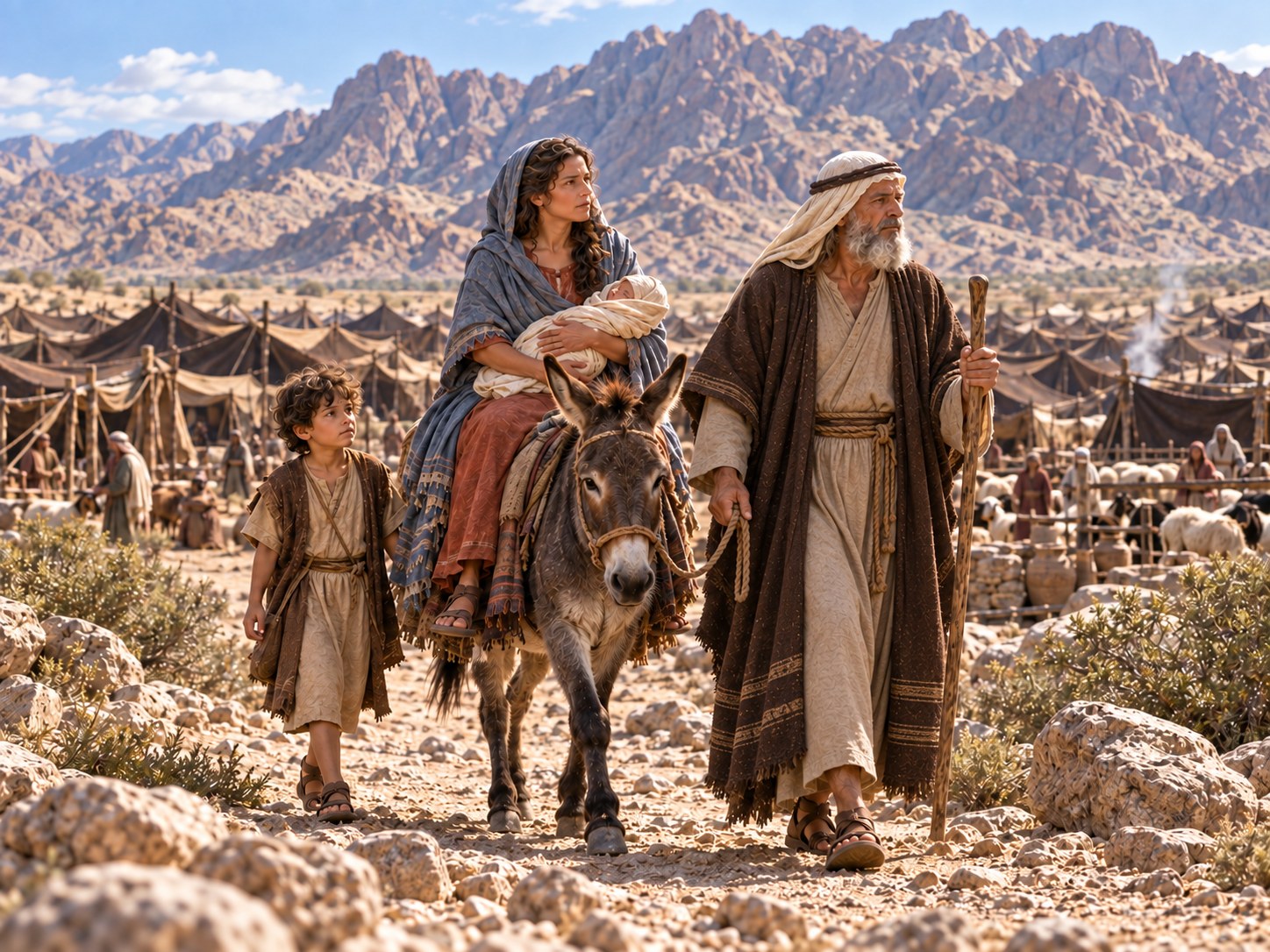 Um homem idoso de túnica e turbante conduz um jumento pelo deserto, seguido por dois meninos e uma mulher de véu, rumo a um acampamento de tendas ao pé de uma montanha de pedra avermelhada.