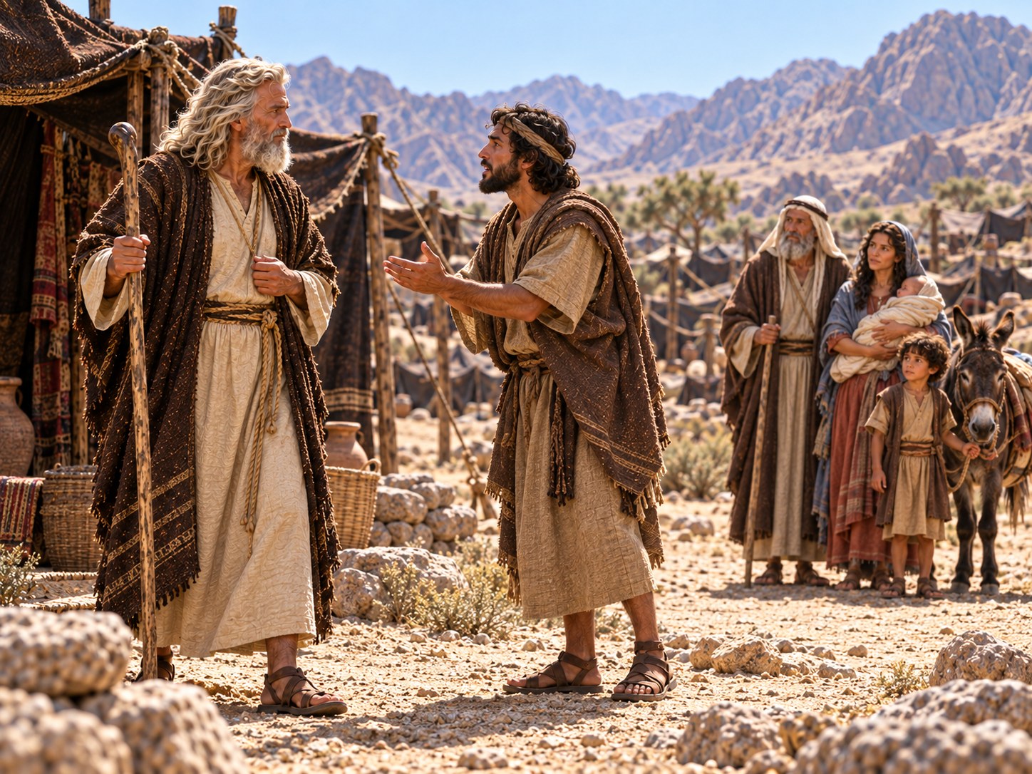 Um mensageiro jovem, de pé à entrada de um acampamento de tendas no deserto, entrega um recado a Moisés, enquanto ao longe, numa elevação, se vê um homem idoso com uma mulher e dois meninos esperando.