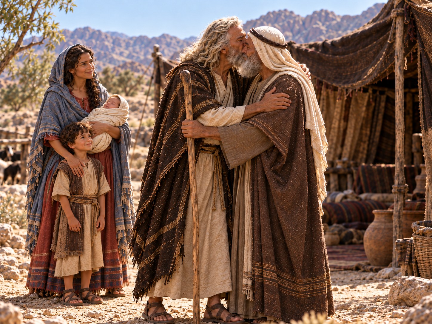 Diante de um acampamento de tendas no deserto, Moisés, de barba escura e manto simples, curva-se diante de um homem idoso de turbante que acaba de chegar, enquanto ao fundo uma mulher e dois meninos esperam ao lado de um jumento.