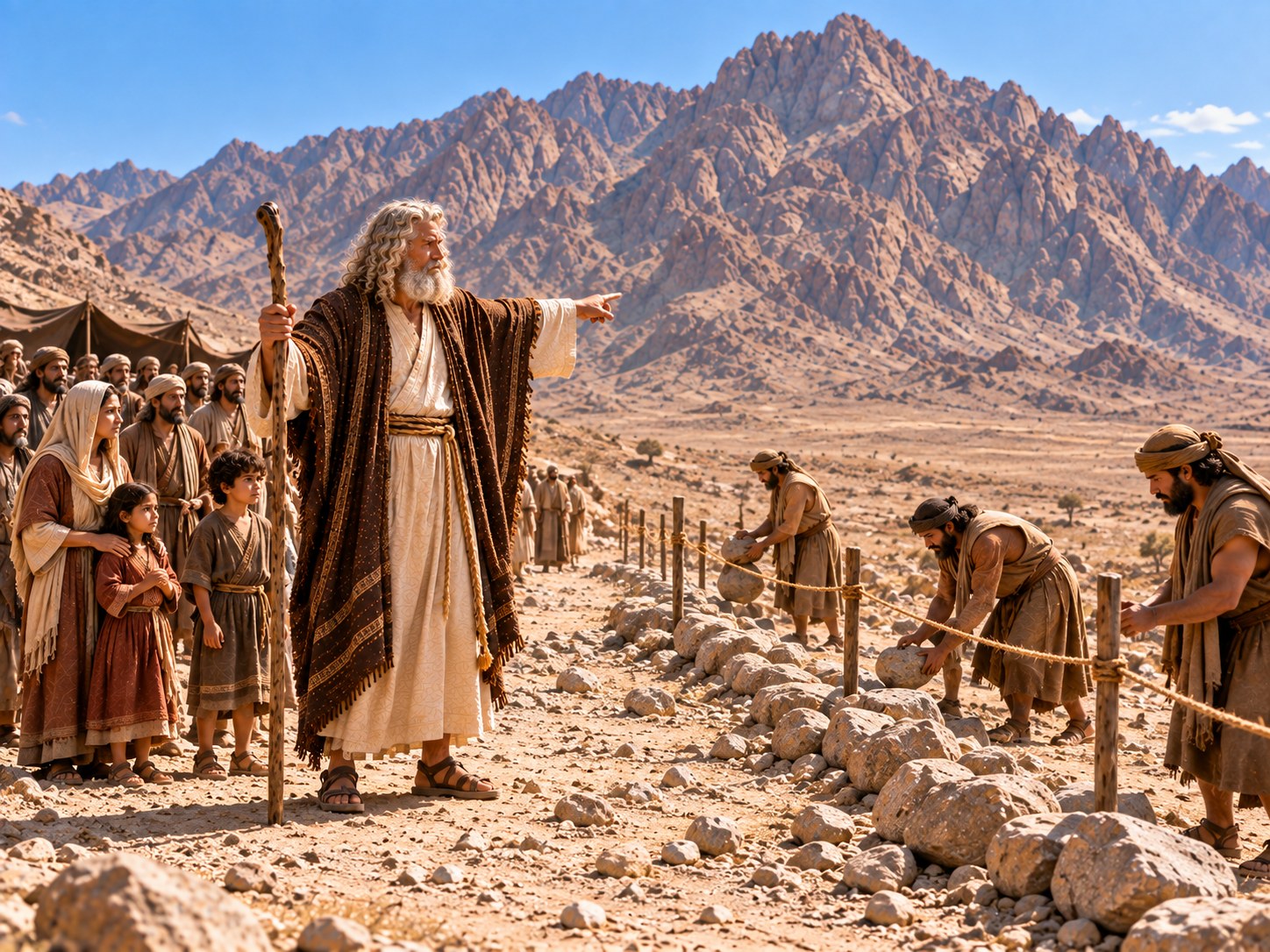 Ao pé de uma montanha rochosa no deserto, uma fileira de pedras empilhadas forma uma linha contínua no chão, separando a encosta da planície; do lado de fora da linha, homens, mulheres e crianças em túnicas simples olham para o monte a poucos passos, sem atravessar.