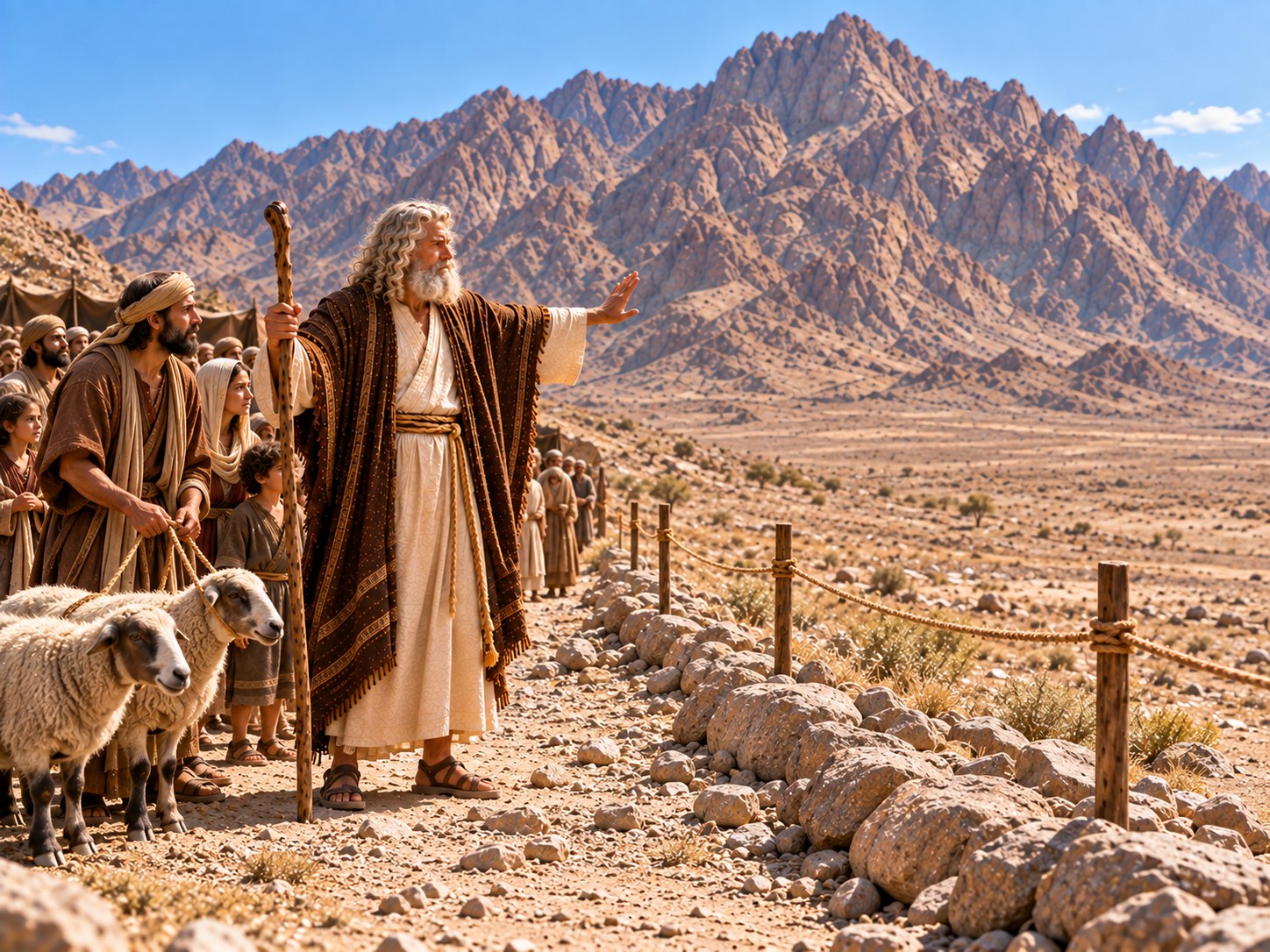 Ao pé de uma montanha rochosa do deserto, uma fileira de homens em túnicas simples segura pedras e arcos junto a uma linha de pedras marcada no chão; adiante deles, na encosta proibida, uma ovelha desgarrada sobe atrás de um tufo de capim, enquanto uma nuvem escura cobre o alto do monte.