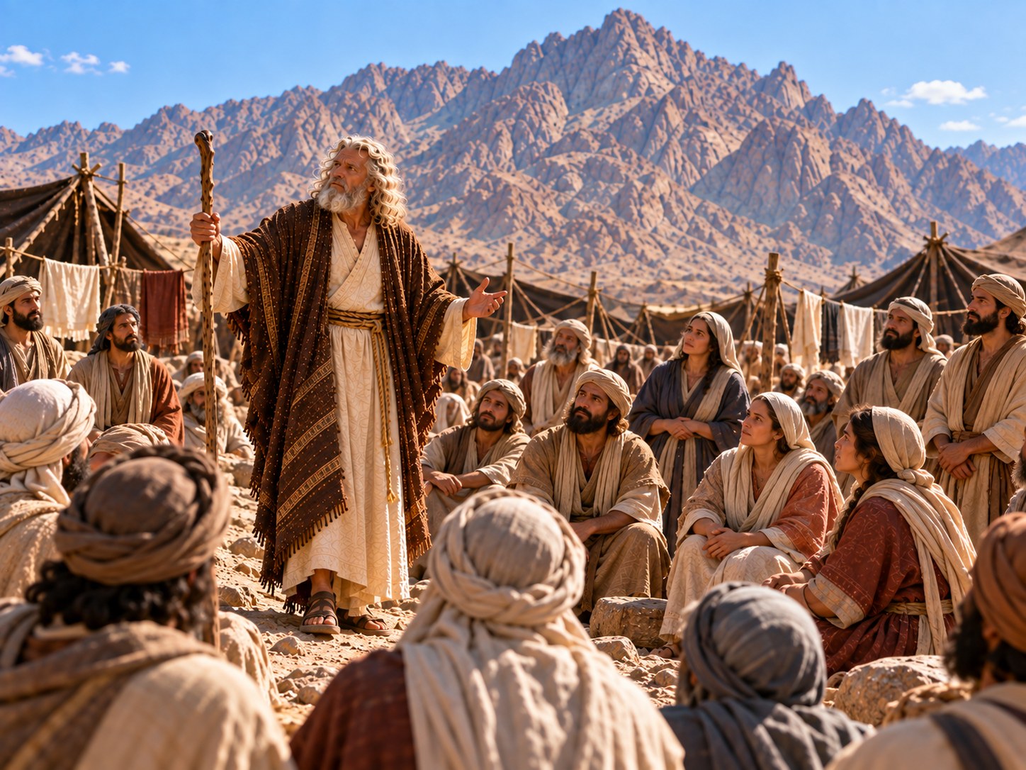 No acampamento de tendas ao pé de uma montanha do deserto, ao entardecer, um homem de barba grisalha fala de pé a um grupo de homens reunidos; ao fundo, à porta das tendas, mulheres em mantos simples observam a cena em silêncio, algumas com crianças ao colo, enquanto a montanha escura se ergue contra o céu.