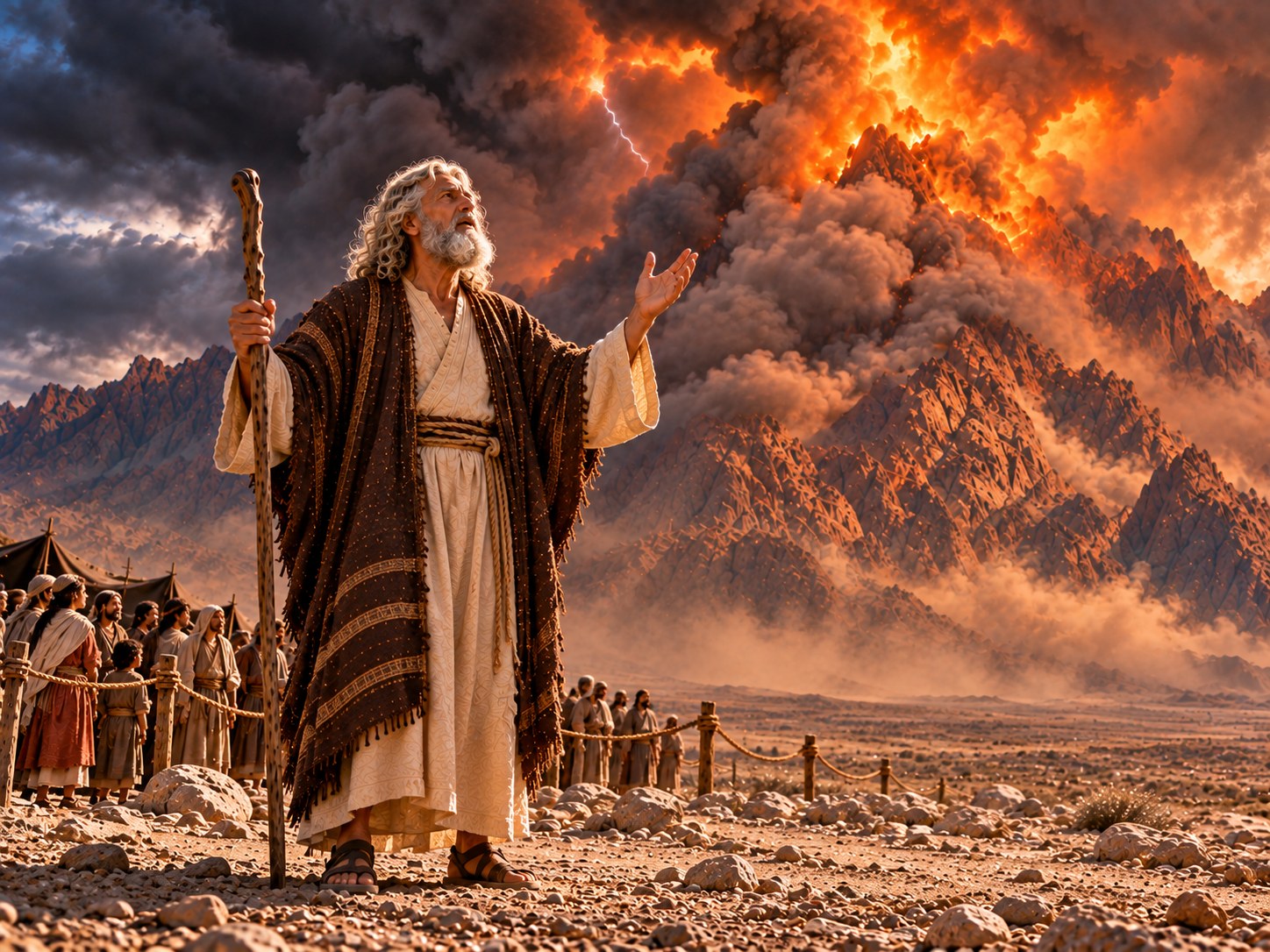 No meio da fumaça da encosta do Sinai, Moisés, de braços erguidos, fala para o alto, enquanto um clarão e um estrondo descem da nuvem escura; ao pé do monte, a multidão de israelitas cobre os ouvidos e olha para cima.