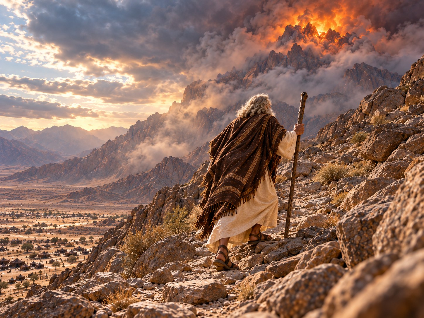 Do alto de um pico de granito envolto em nuvem escura e clarões de fogo, desce uma luz intensa; Moisés, sozinho, sobe pela encosta íngreme em direção a ela, enquanto, lá embaixo, a multidão de israelitas é uma mancha pequena na planície.