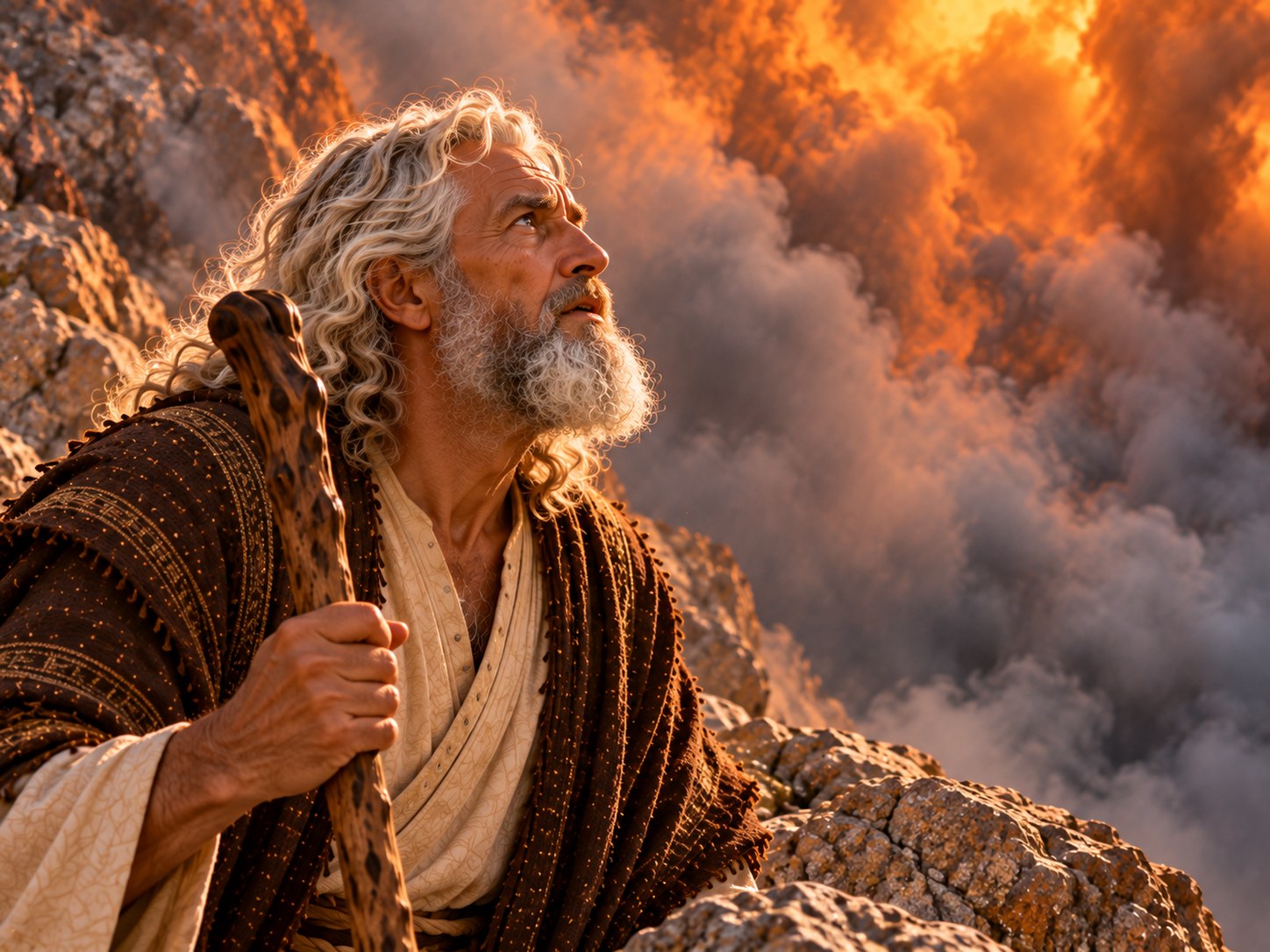 Diante de um monte envolto em fumaça e fogo, um pequeno grupo de homens israelitas de túnicas claras, mais velhos e de barba, está de pé um passo à frente da multidão, junto a uma linha de pedras no chão; um deles lava as mãos numa bacia de barro enquanto os outros baixam a cabeça.