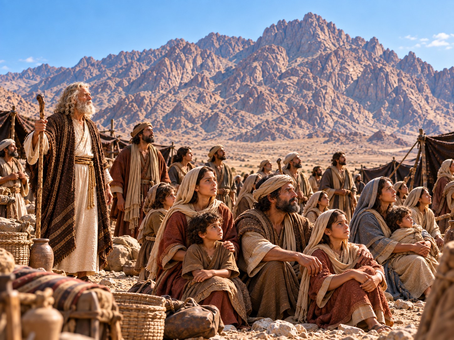 No alto de um monte rochoso do deserto, sob um céu carregado, Moisés, de manto simples, ouve em pé, com a cabeça inclinada; lá embaixo, ao longe, as tendas do acampamento de Israel se espalham pela planície.