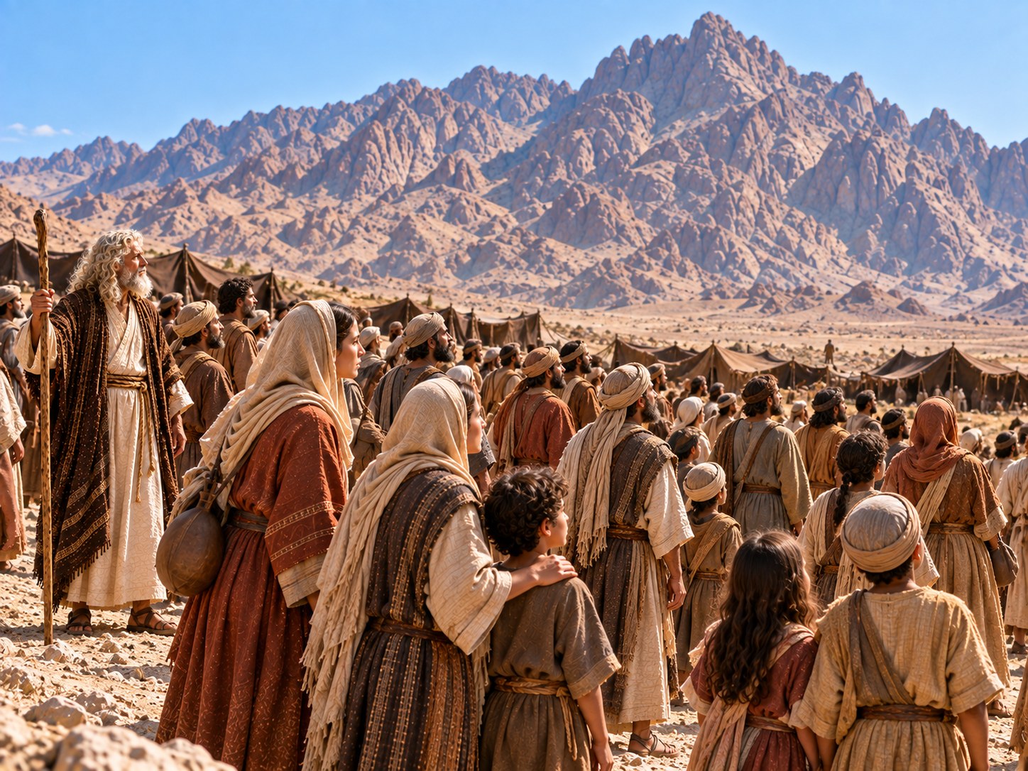Diante de um monte escuro no deserto, uma multidão de homens, mulheres e crianças de roupas simples está reunida entre as tendas, sem nenhum sacerdote ou rei entre eles, enquanto a luz da manhã ilumina os rostos.