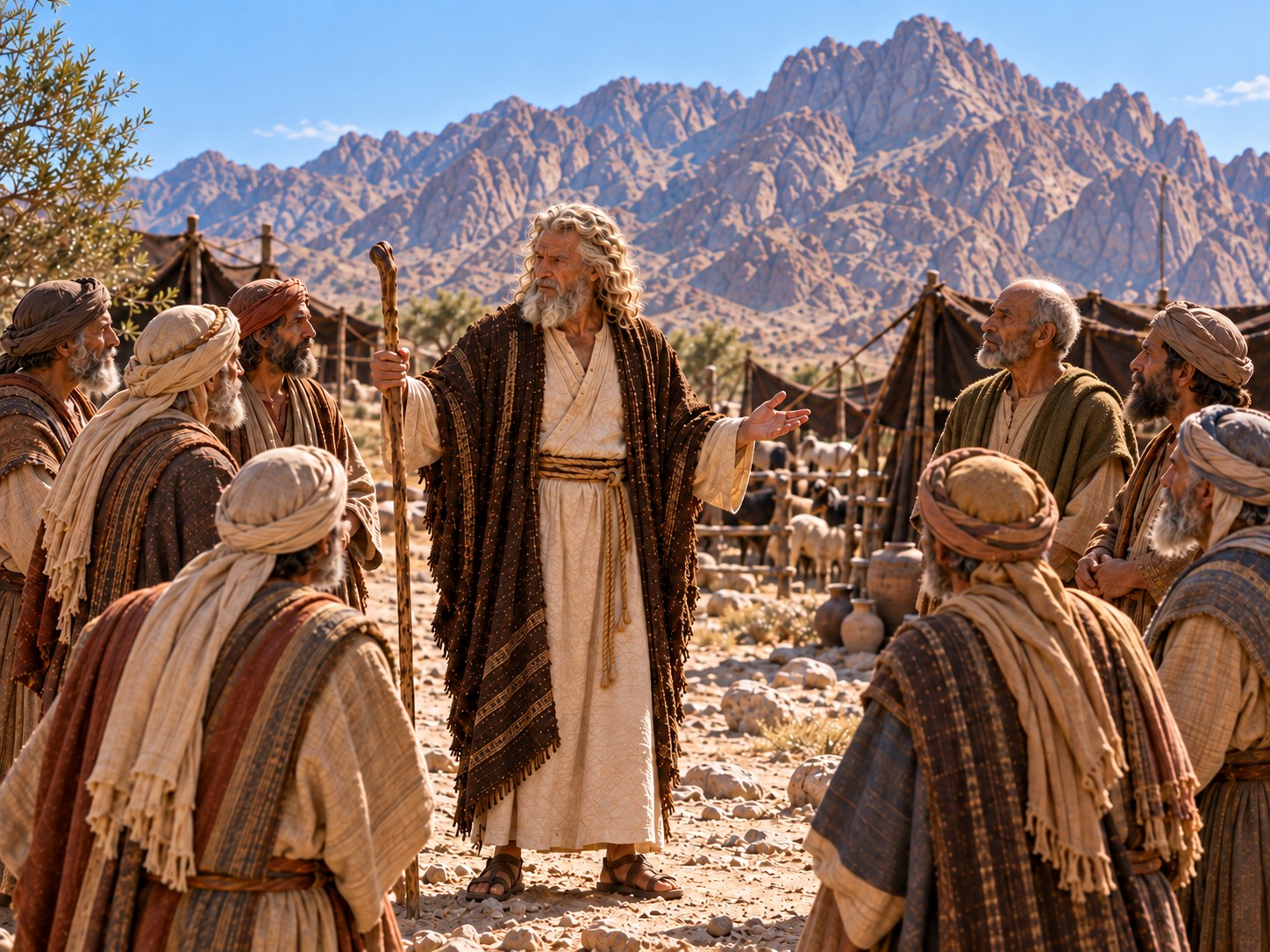 No acampamento ao pé de um monte do deserto, Moisés, em pé, fala com gestos abertos a um círculo de homens idosos de barba branca sentados no chão, enquanto outras pessoas observam de longe entre as tendas.