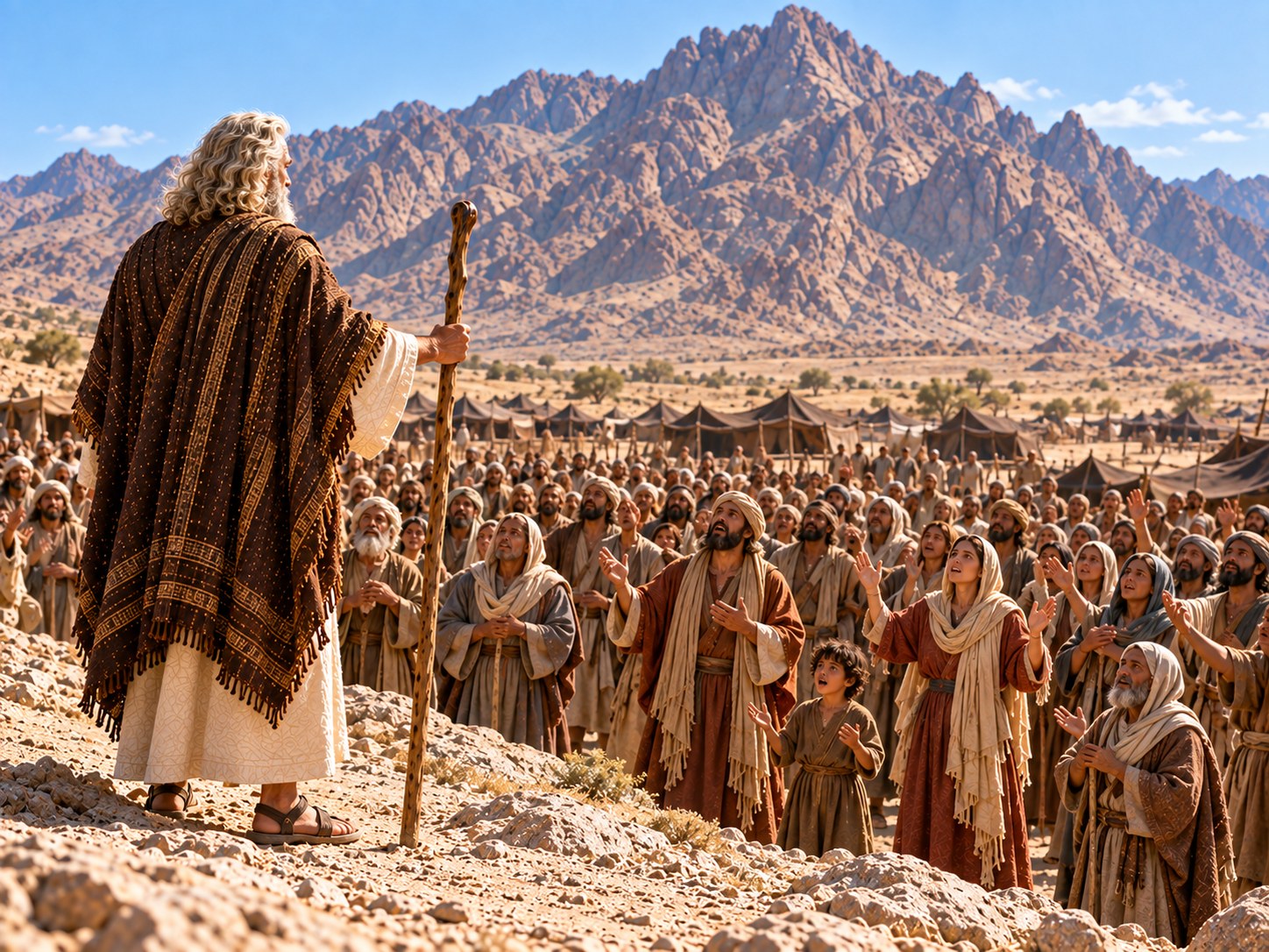 Ao pé de um monte no deserto, uma grande multidão de homens e mulheres ergue as mãos e fala ao mesmo tempo, enquanto Moisés, de costas para eles, começa a subir a encosta rochosa.