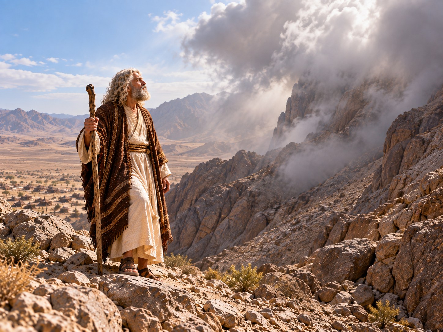 Ao pé de uma montanha escura no deserto, uma nuvem densa e baixa cobre o cume; um homem idoso de barba, de costas, caminha sozinho em direção à nuvem, enquanto uma multidão em túnicas simples, parada à distância diante das tendas, olha e escuta em silêncio.