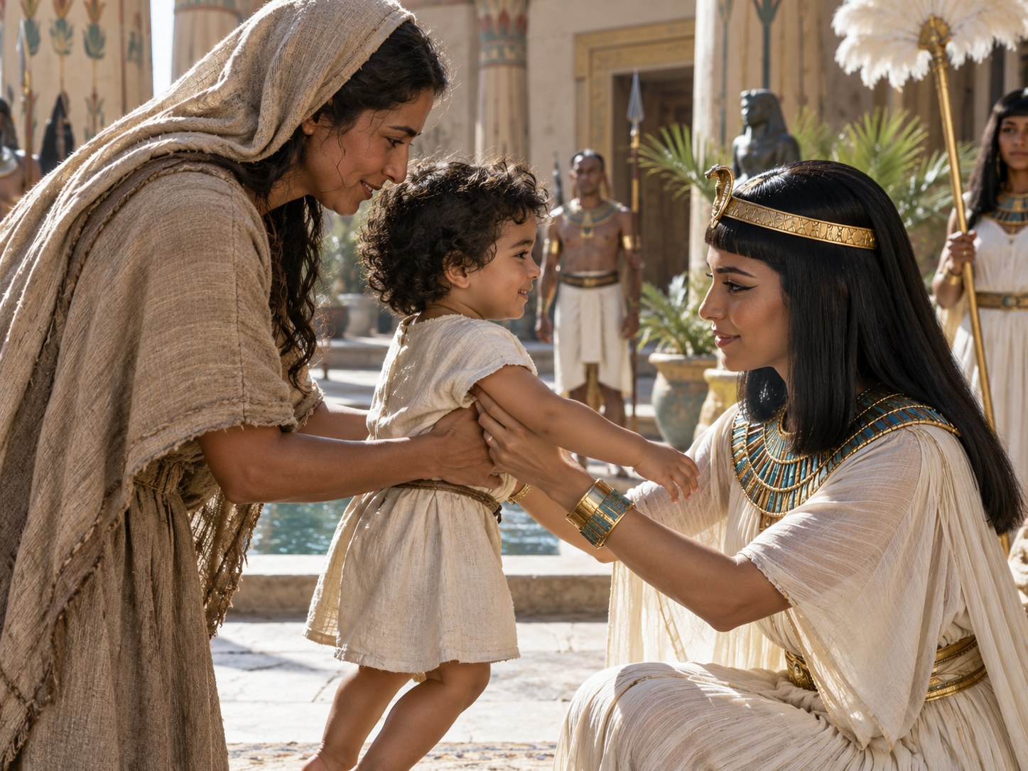 Mulher hebreia entregando um menino pequeno a uma egípcia da casa real, num pátio de colunas do palácio.