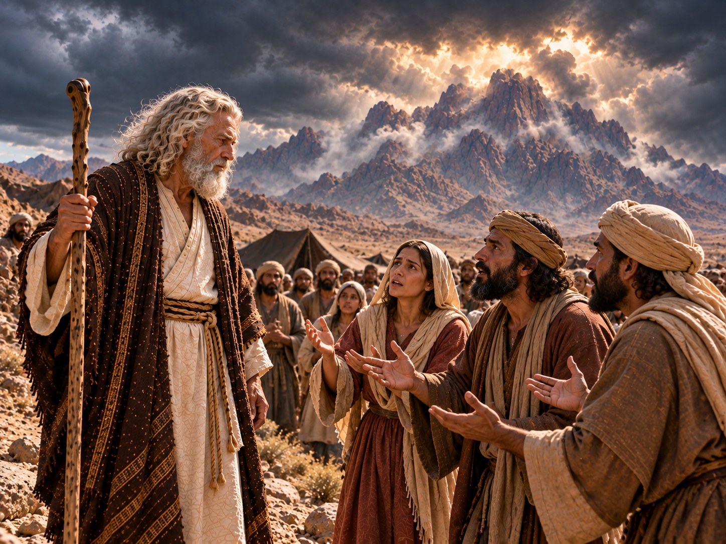 Um grupo de anciãos israelitas, de túnicas e mantos simples, aproxima-se de Moisés ao pé de um monte envolto em fumaça escura; um deles estende as mãos em súplica, enquanto ao fundo a multidão permanece afastada, olhando para o monte com medo.