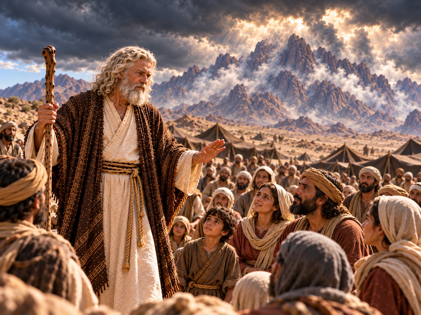 Moisés, de pé sobre uma pedra ao pé de um monte envolto em fumaça, estende as duas mãos abertas para uma multidão de israelitas assustados, como quem acalma; alguns começam a erguer o rosto, outros ainda o escondem, e a luz de um relâmpago ilumina as faces de todos.