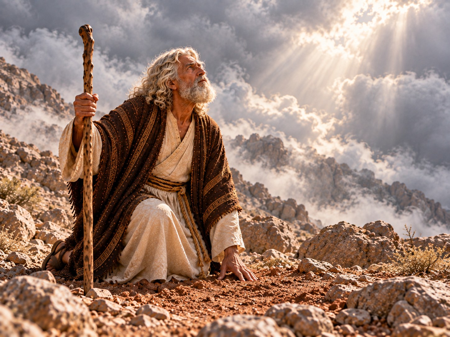 Num descampado pedregoso ao pé de um monte, um homem de túnica simples termina de amontoar terra escura num altar baixo e quadrado; ao lado, um cordeiro amarrado e um pequeno feixe de lenha, e no céu limpo da tarde a primeira fumaça subindo.