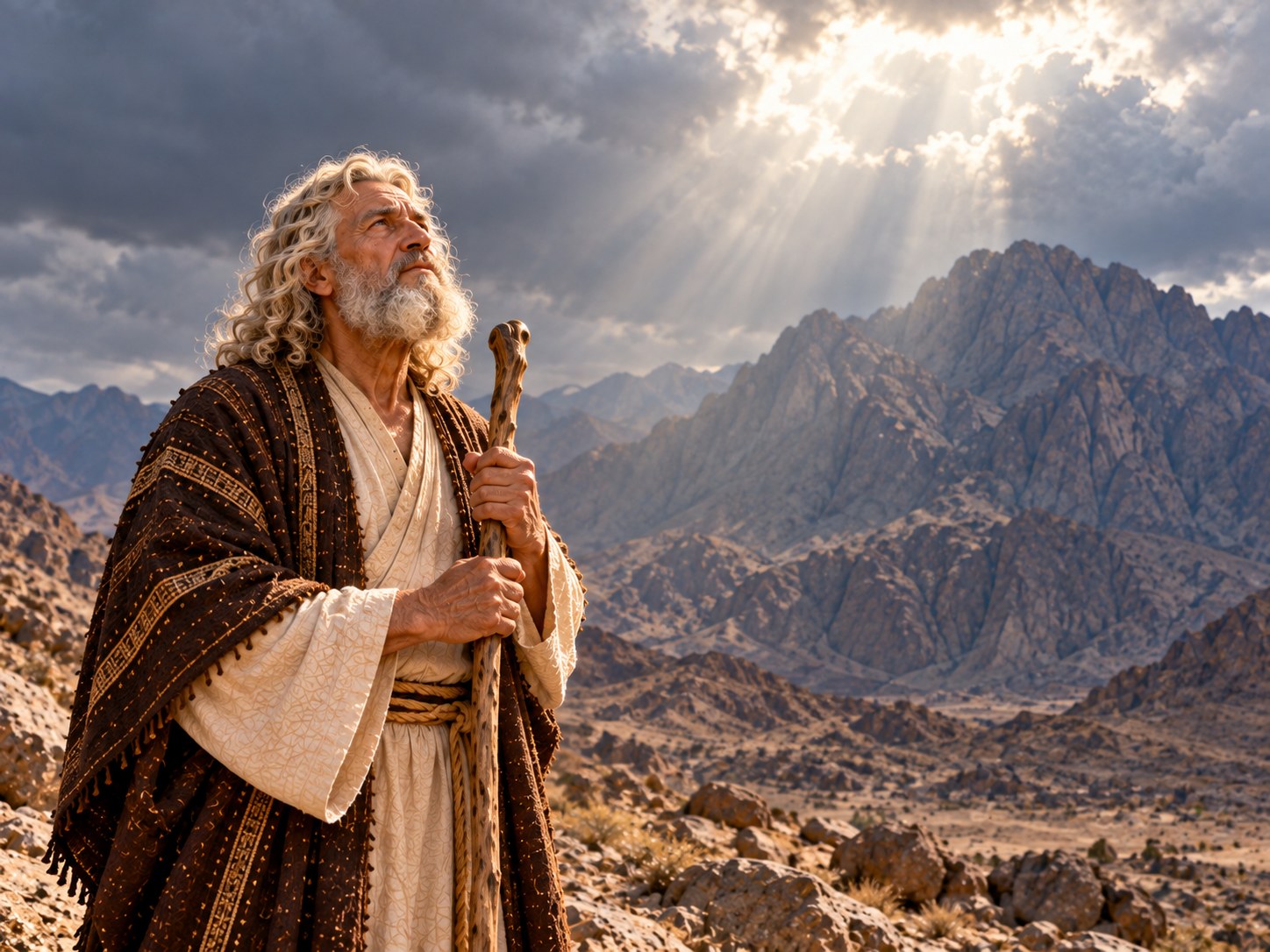 No acampamento ao pé do Sinai, ao entardecer, um homem israelita de túnica de lã segura nas mãos uma pequena estatueta de barro de uma deusa, trazida do Egito, e a olha em silêncio, enquanto ao fundo o monte permanece coberto por uma nuvem escura iluminada por clarões.