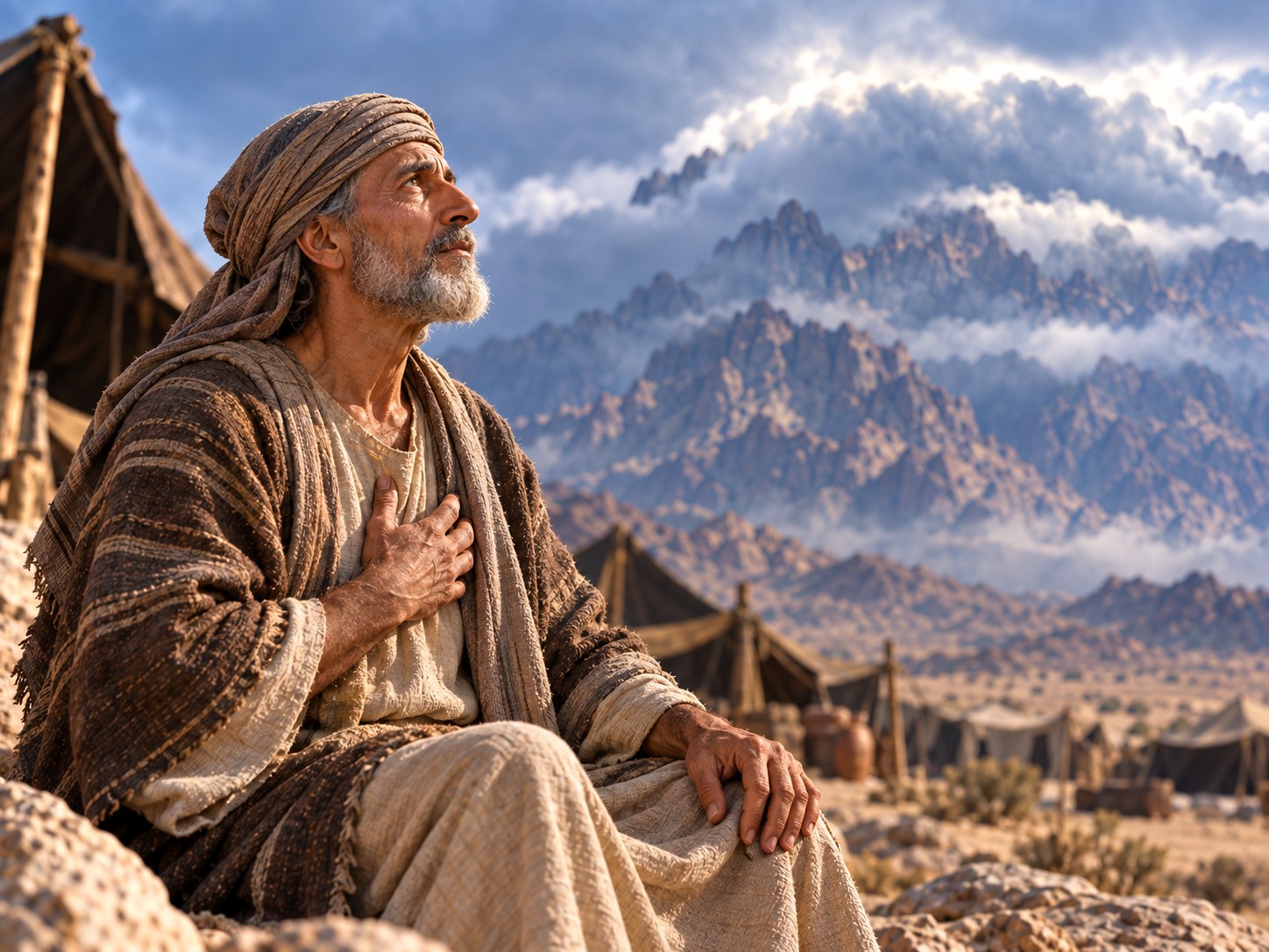 Ao pé do monte Sinai envolto em nuvem escura, um israelita de túnica simples ergue a mão direita diante de dois anciãos sentados à porta do acampamento, prestes a jurar; ao lado, outro homem aguarda de braços cruzados, e os anciãos o observam em silêncio, sérios, sob o céu carregado.