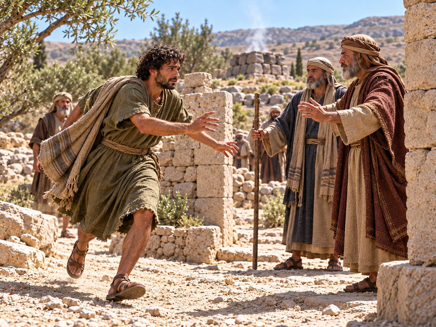 No fim da tarde, um homem de túnica empoeirada corre por uma trilha de pedras em direção a um acampamento de tendas no deserto, olhando para trás; ao longe, no caminho, um machado caído junto a um tronco recém-cortado.