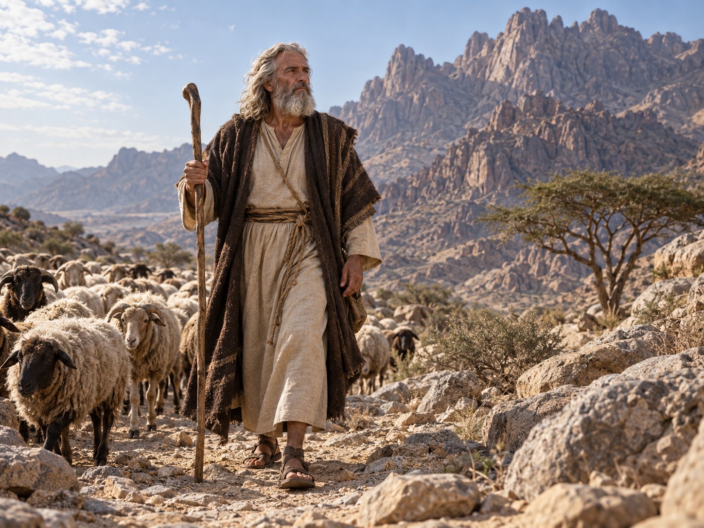 Um pastor conduz um rebanho de ovelhas e cabras por um vale pedregoso e seco, com montanhas áridas ao fundo sob o sol da tarde.