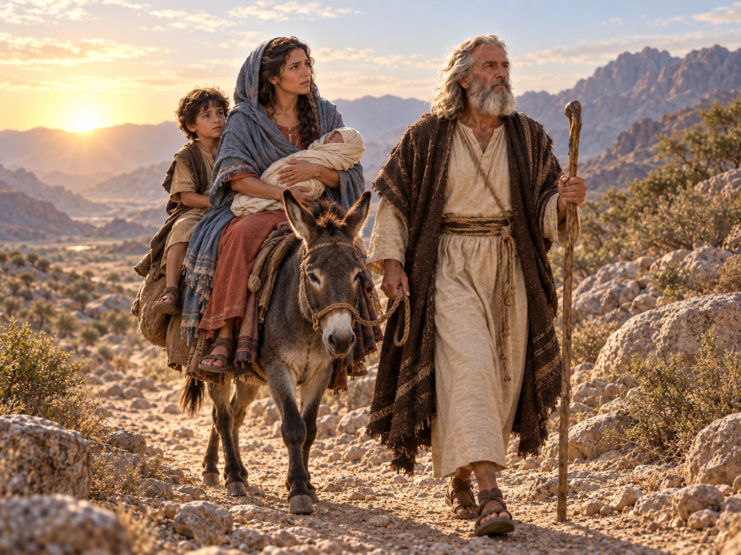 Moisés conduz um jumento pelo deserto, com a mulher e os filhos montados, e leva na mão o cajado.