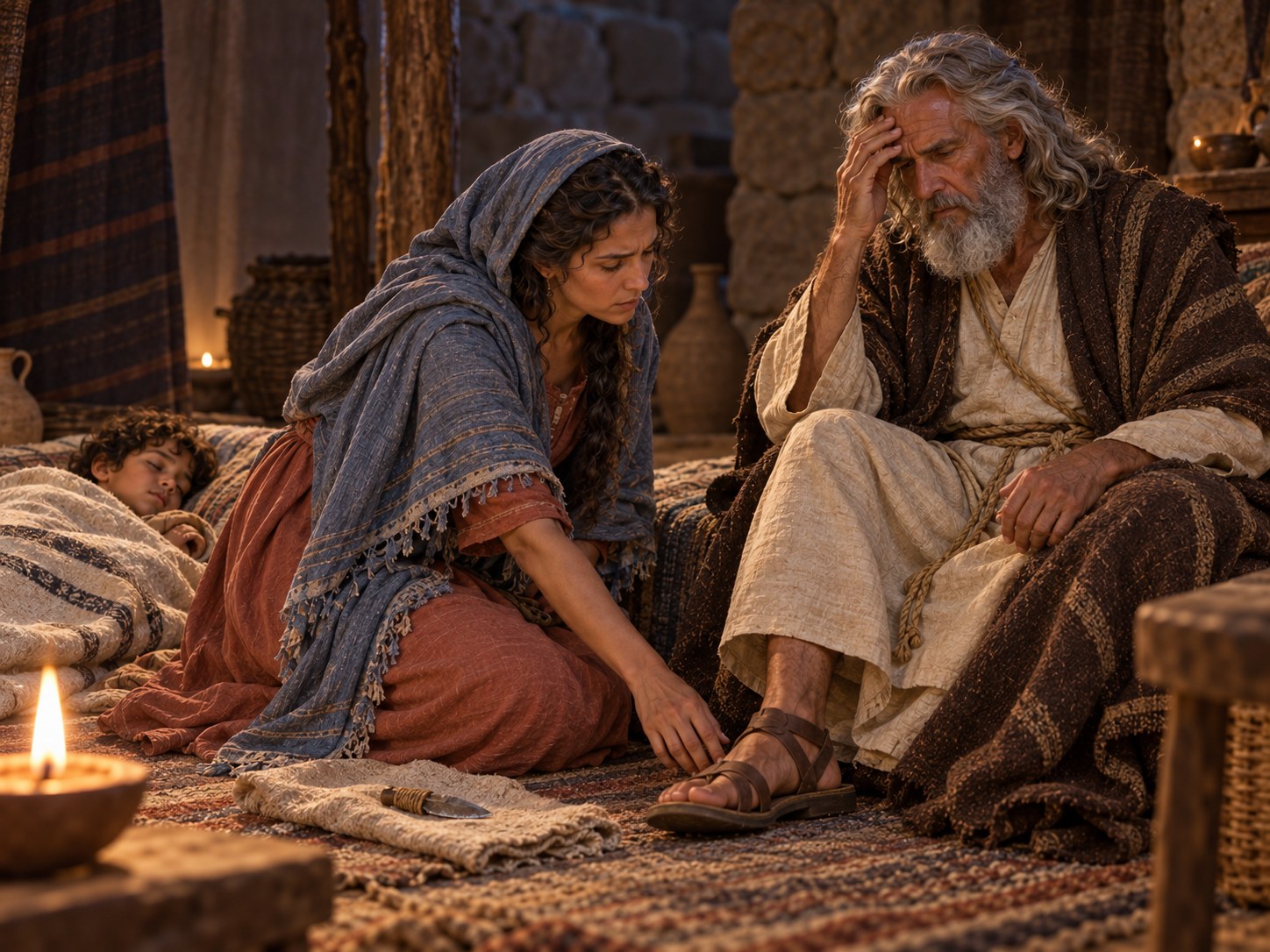 Mulher ajoelhada junto a uma criança pequena, à beira de uma estrada de deserto ao anoitecer, segurando uma lasca de pedra — a cena de Êxodo 4:25.