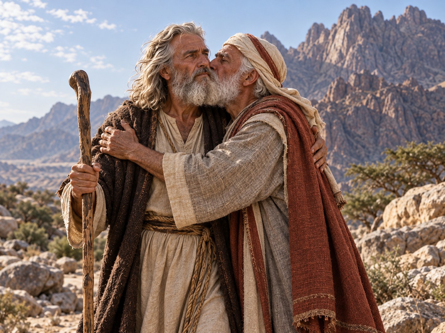Dois homens de túnica se abraçam ao pé de um monte de pedra no deserto, ao amanhecer, com um cajado apoiado no chão ao lado deles.
