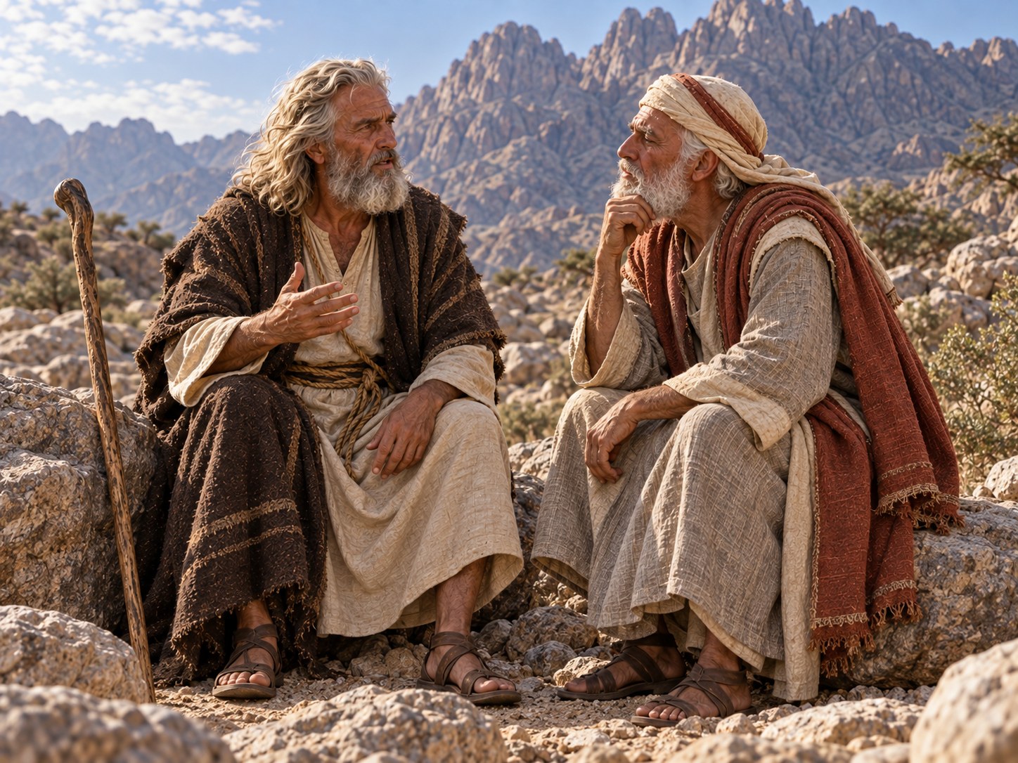 Dois homens sentados sobre pedras ao pé de um monte no deserto; um fala com as mãos abertas e o outro escuta, com um cajado deitado entre eles.
