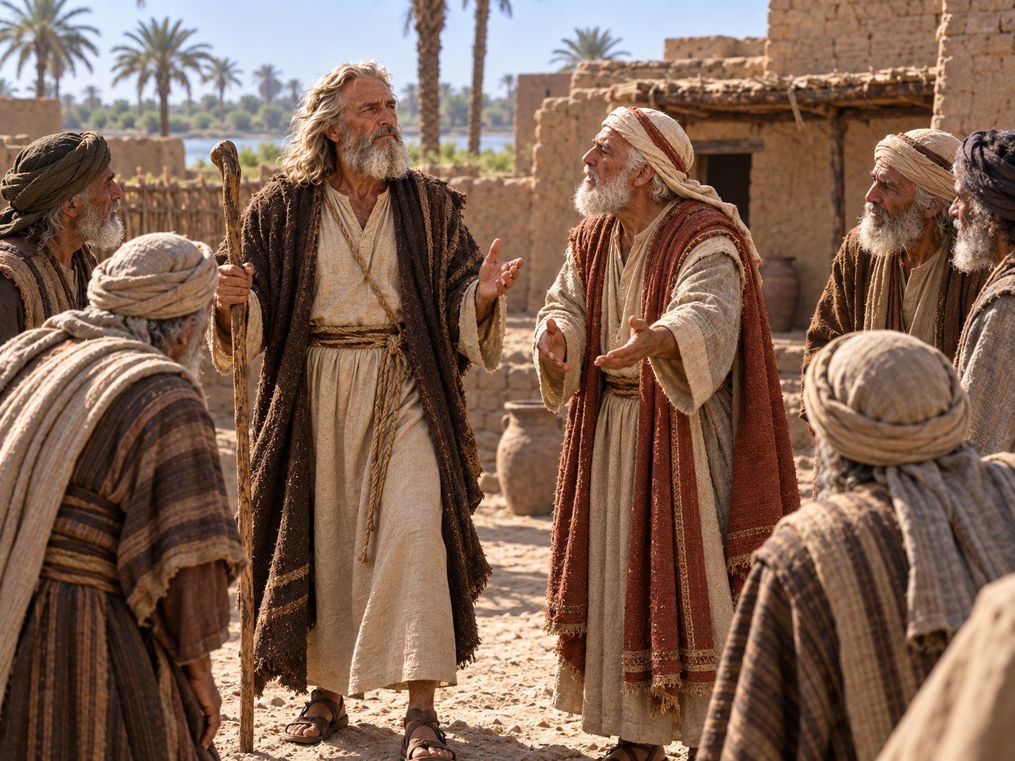Homens de barba grisalha chegando de vários lados a um pátio de terra batida, junto a casas de tijolo cru, onde dois homens os esperam de pé.