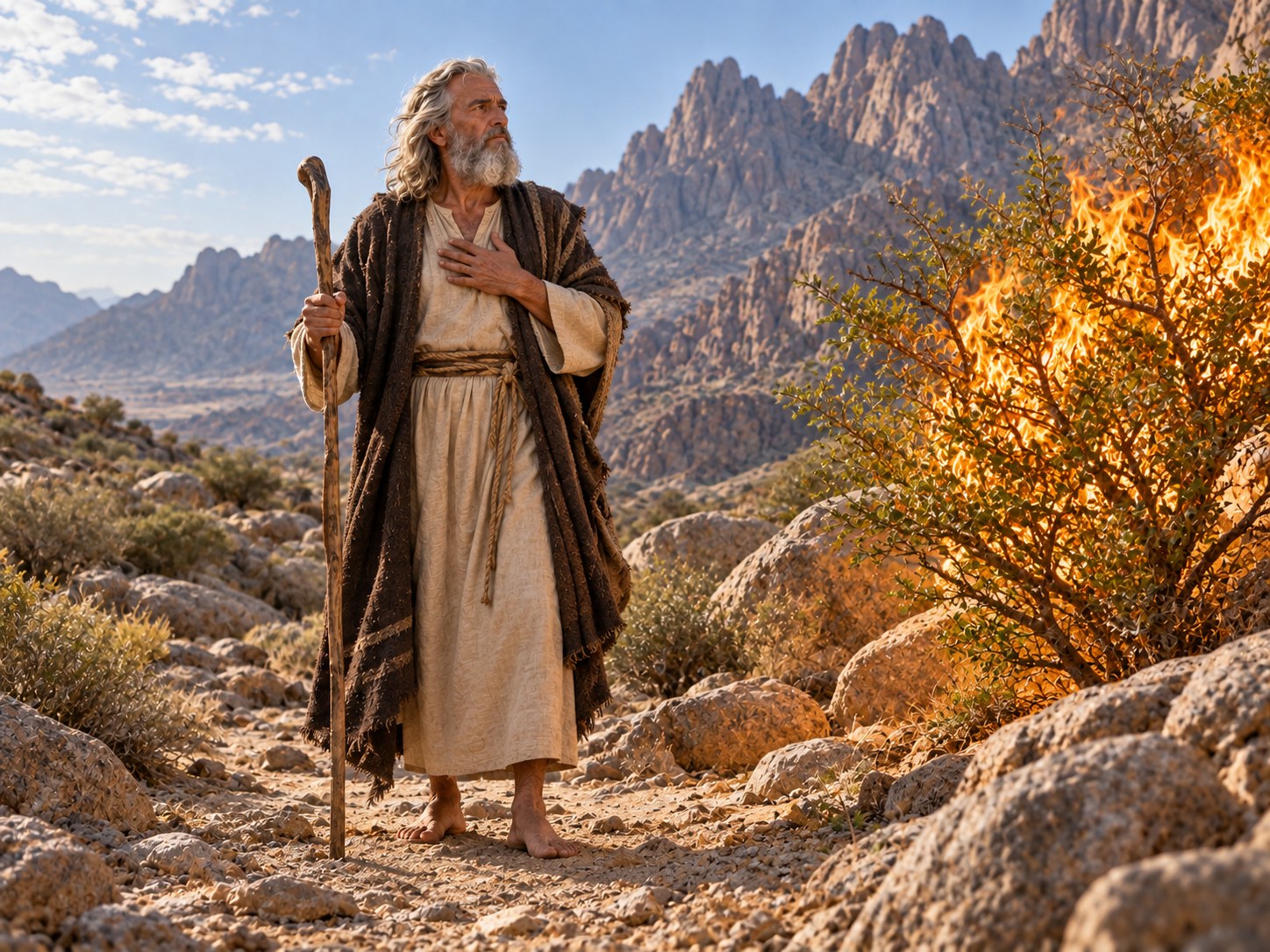 Homem de túnica em pé no deserto ao entardecer, com um bastão numa das mãos e a outra mão aberta diante do peito.