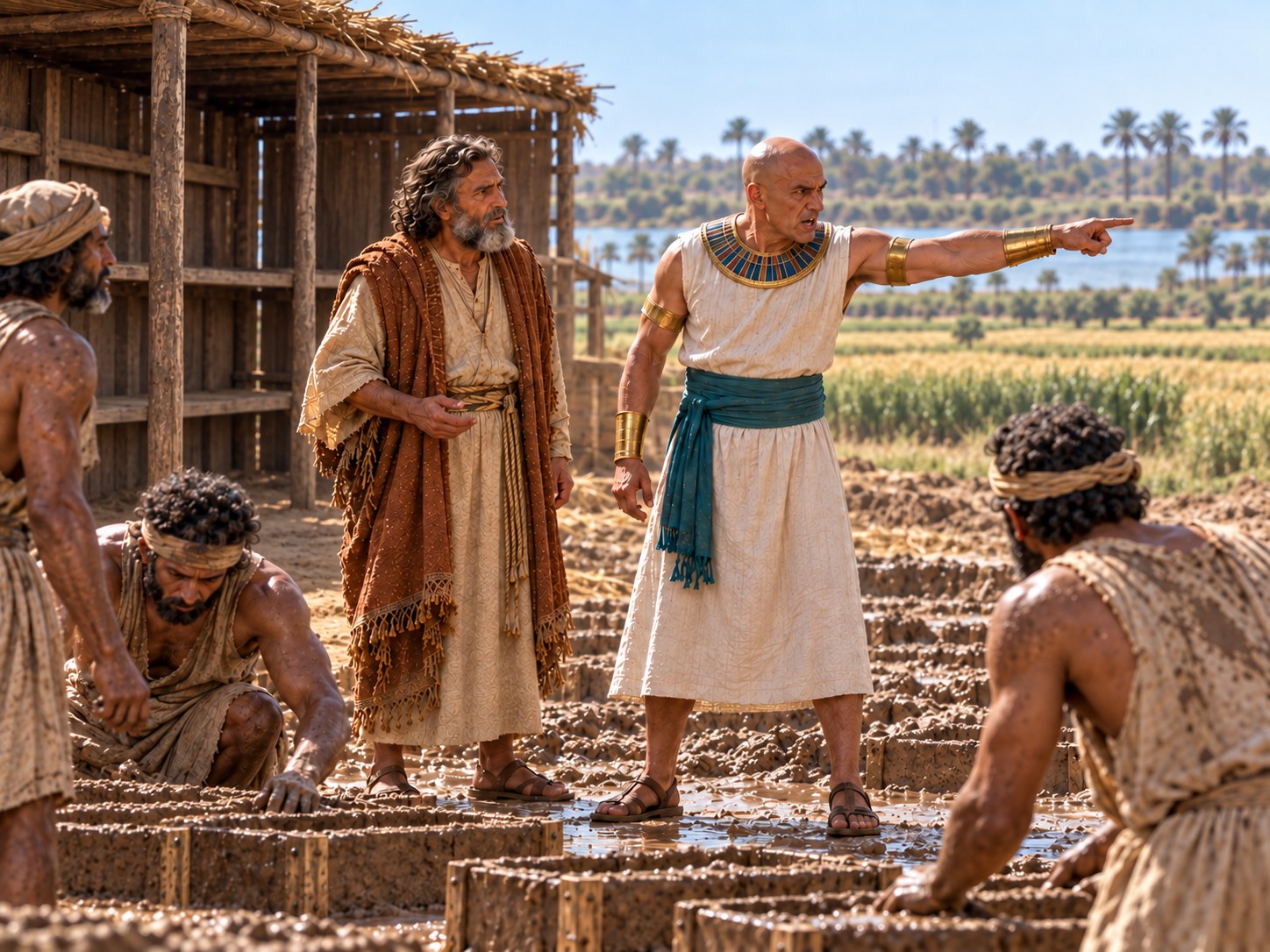 Homens e mulheres curvados num campo já ceifado ao fim da tarde, recolhendo talos secos em braçadas, com a silhueta das construções de tijolo ao longe.