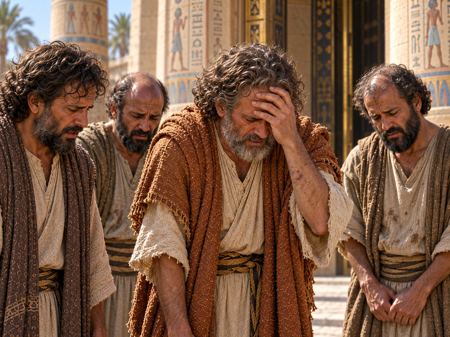 Homens parados à sombra de um muro de tijolos ao fim da tarde, de olhos baixos, com fileiras de tijolos secando ao sol atrás deles.