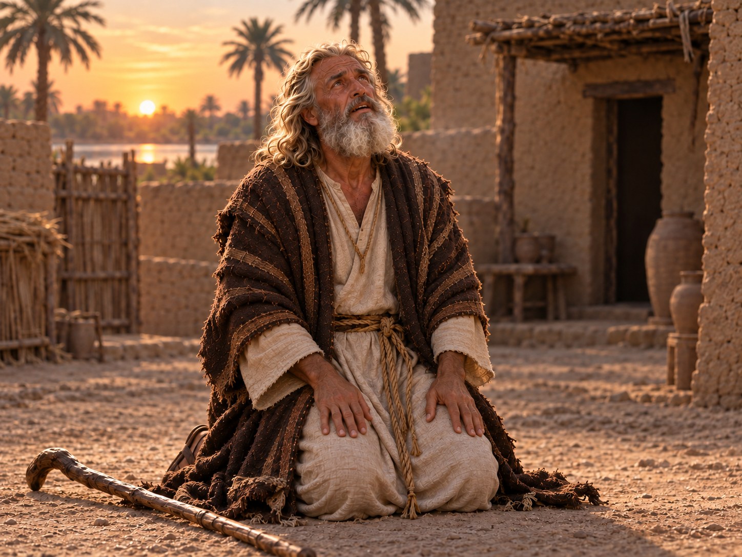 Moisés de pé no deserto ao amanhecer, ouvindo a resposta de Deus depois do fracasso diante de Faraó.