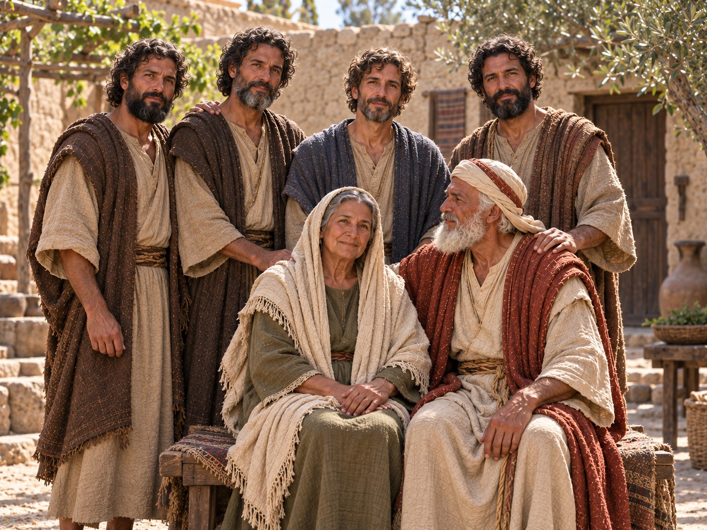 Casal de pé diante de duas famílias reunidas, num pátio de terra batida, com quatro meninos ao lado.