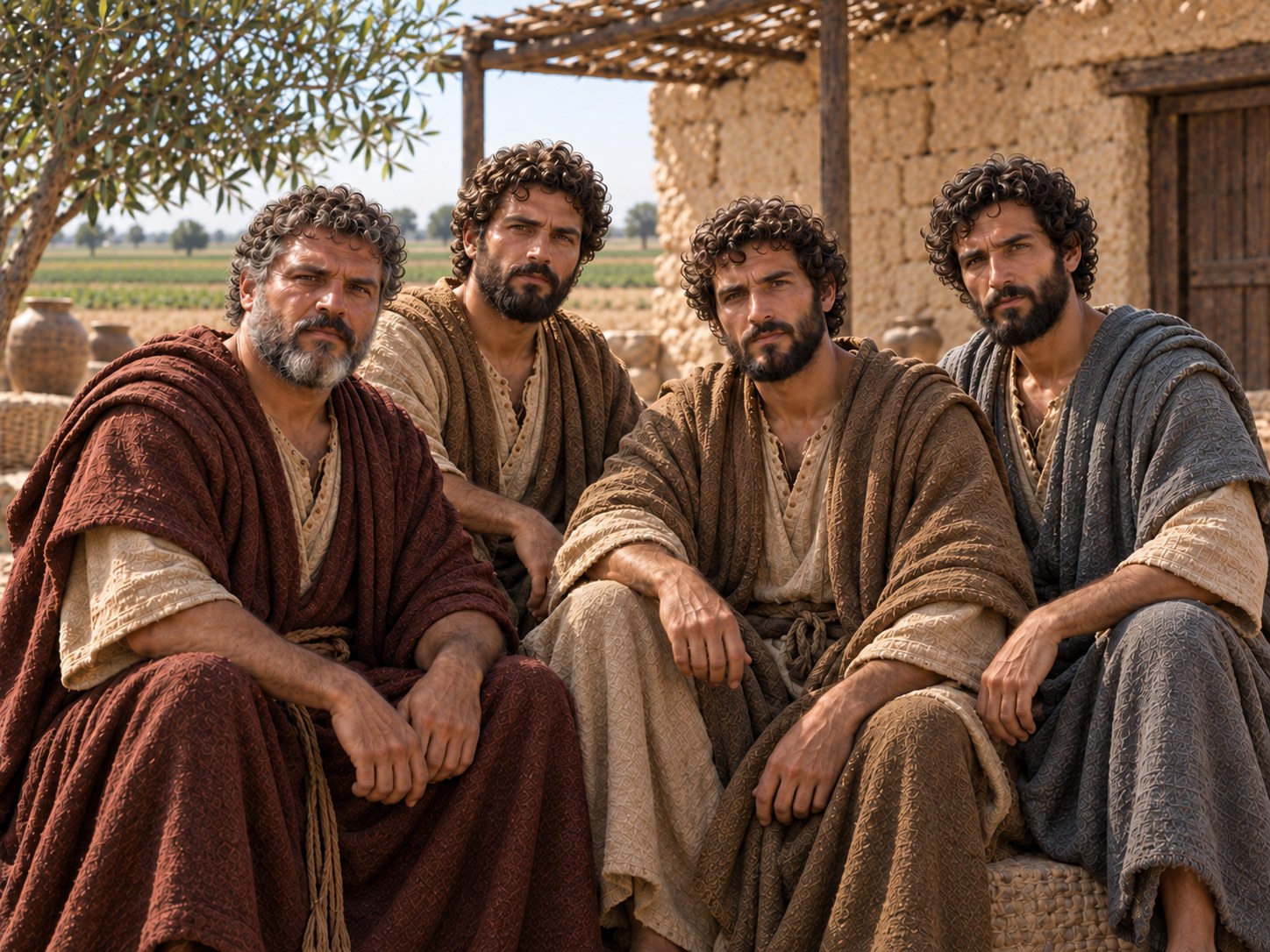 Homens de túnica junto a uma porta de pedra ao amanhecer, um deles com um pão redondo nas mãos.