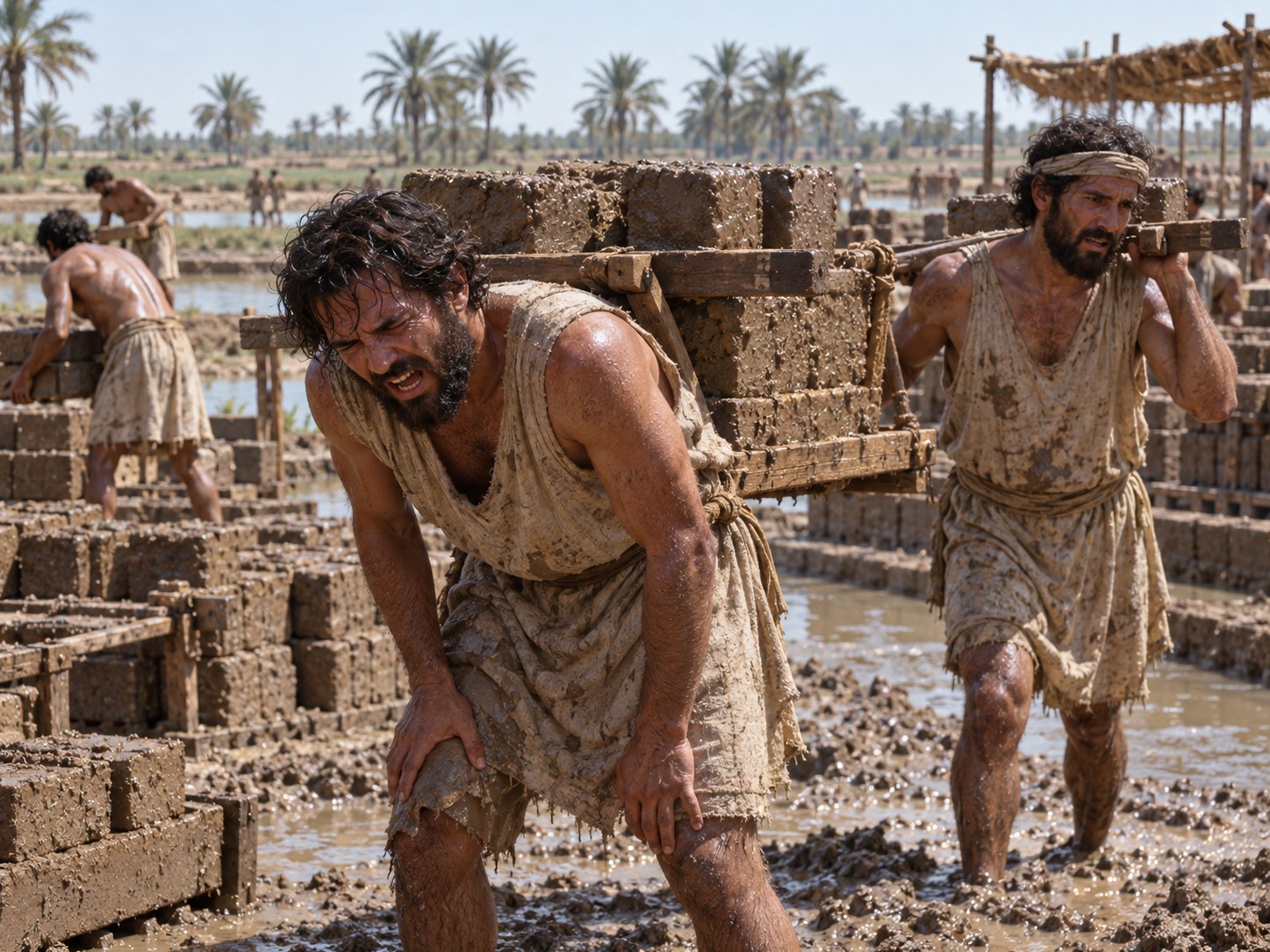 Homens curvados carregando cestos de barro sob o sol, vistos de costas, num canteiro de obras egípcio.