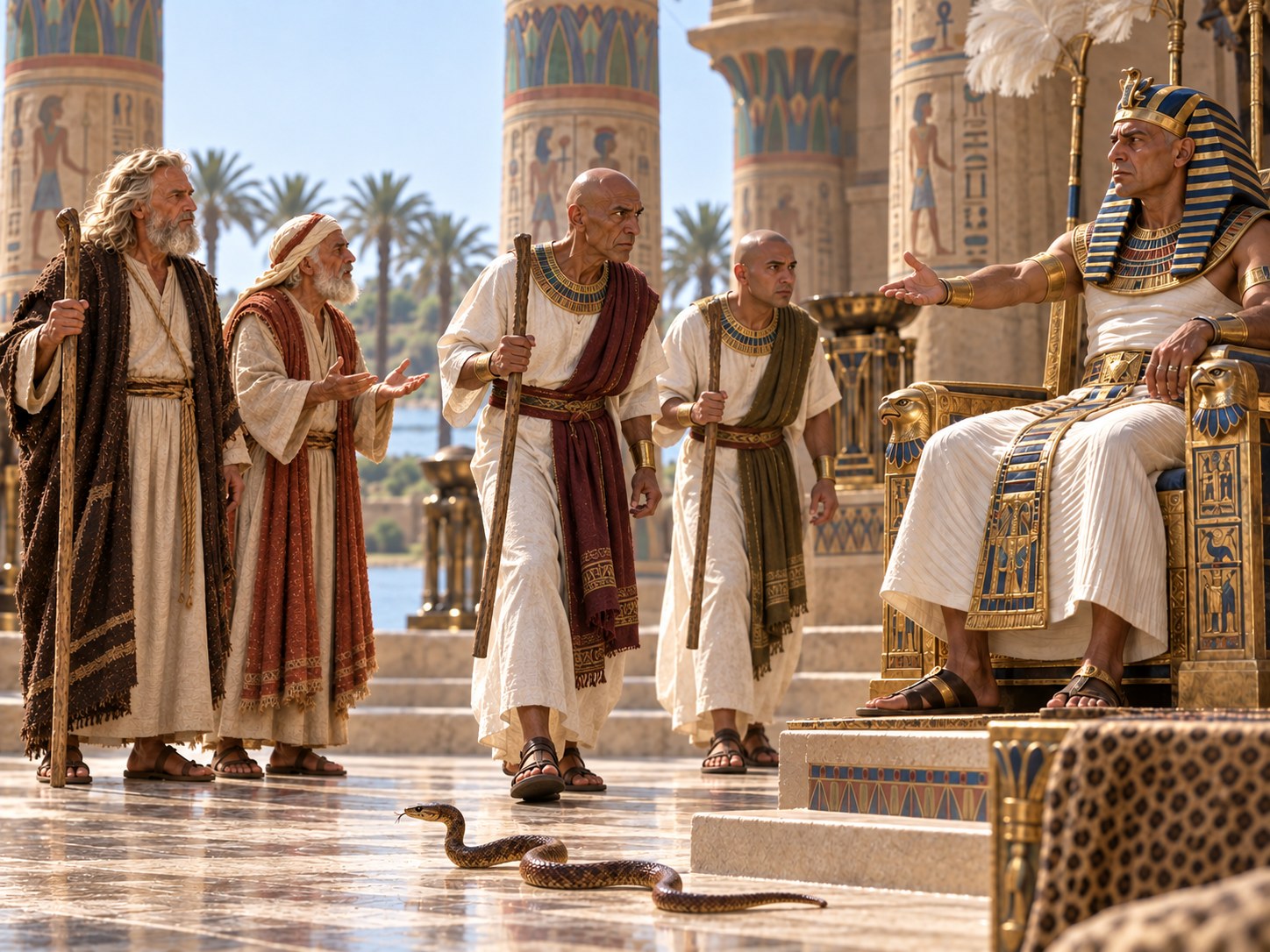 Homens de cabeça raspada e faixa cruzada no peito, segurando rolos de papiro abertos, diante de cajados caídos no piso de um salão egípcio.