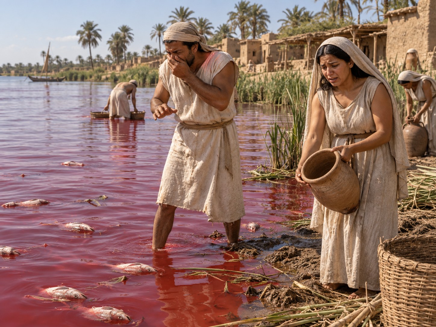 Margem do Nilo com peixes mortos boiando na água escura e avermelhada, moradores afastando-se com o rosto coberto e jarros vazios na mão.
