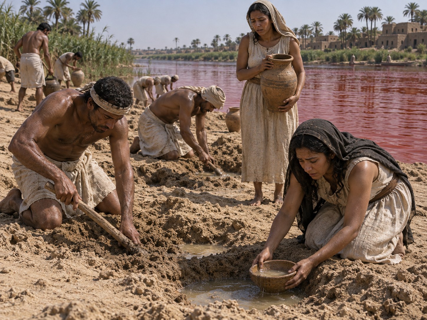 Homens e mulheres egípcios ajoelhados na areia da margem, abrindo covas rasas que se enchem de água clara, com o rio avermelhado correndo logo atrás.
