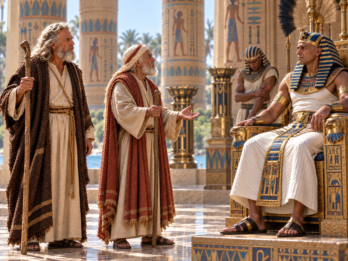 Faraó sentado imóvel no trono, com o rosto sereno e fechado, enquanto do outro lado do salão Moisés e Arão esperam em pé; a luz de uma janela alta cai só sobre o rei.
